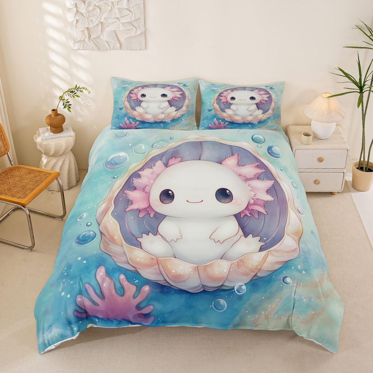 Housse de Couette 200x200cm Axolotl Mignon et Ensemble Literie Kawaii