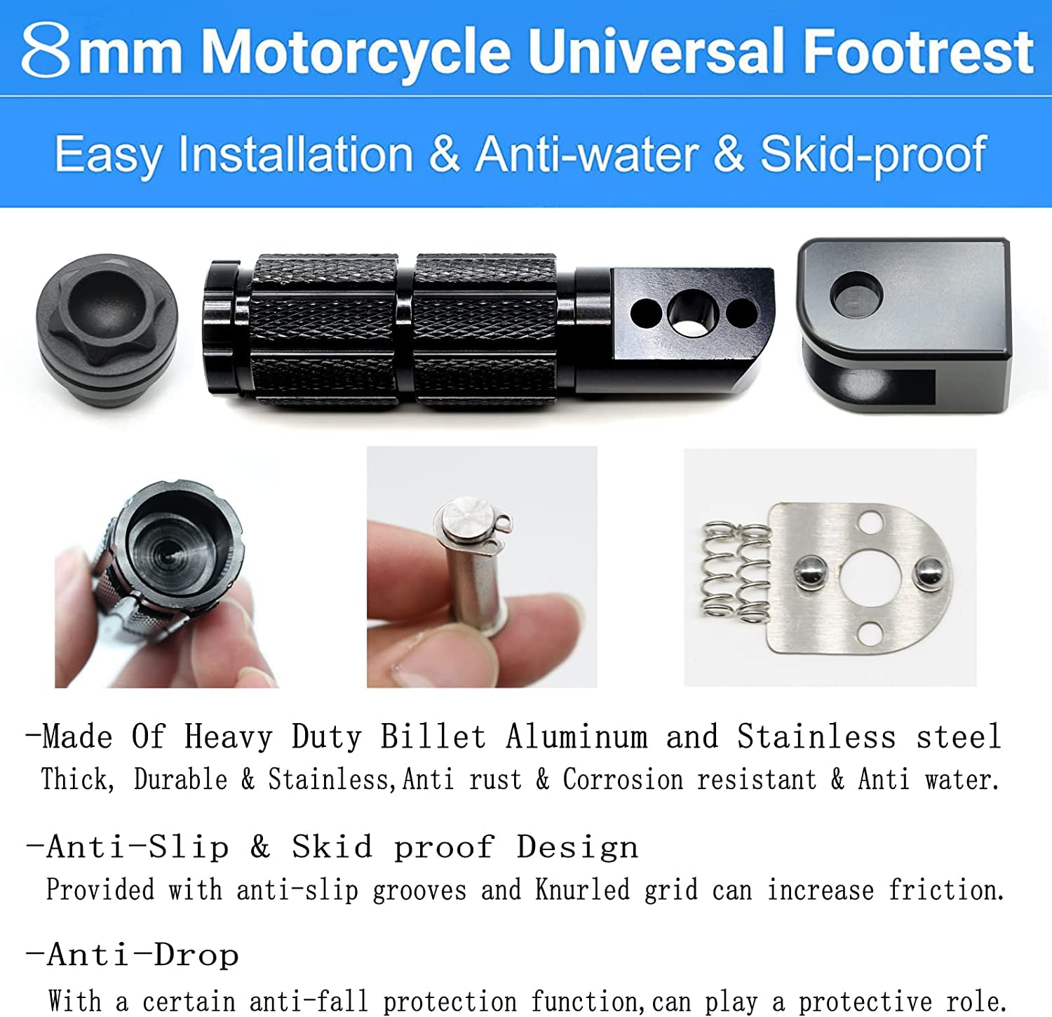 PACEWALKER Neueste Universal M8 Motorrad-Faltbare Fußrasten, 2-teilige Aluminium Anti-Rutsch Pedale für Motorräder und Elektroautos, 90-Grad Klappbare Stützstange, 8mm
