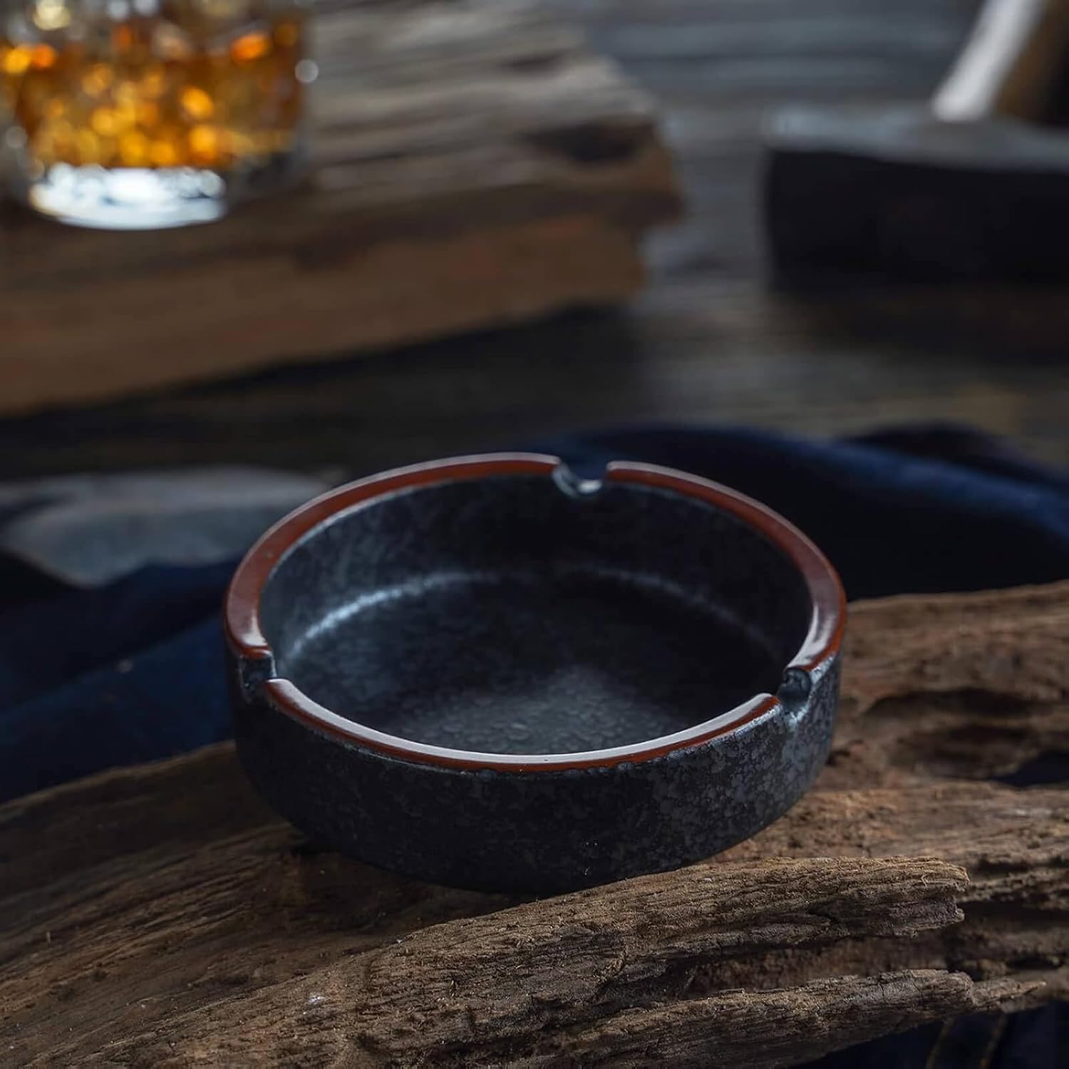 Ceramic Ashtray Stylish,Lava Dazzling Black (Medium Size)(2PCS) | Indoor & outdoor decorative ash tray for home, coffee bars and patios