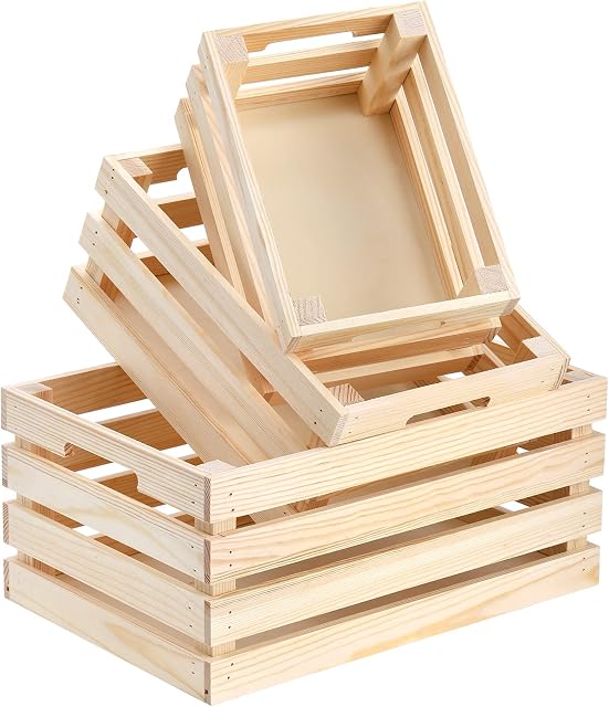 YOUEON 3 Pack Nature Rustic Wooden Nesting Crates with Cut Out Handle, White Wooden Crates, Wood Crate Box Wood Crates Storage Container for Storage, Rustic Country Decor, 3 Sizes