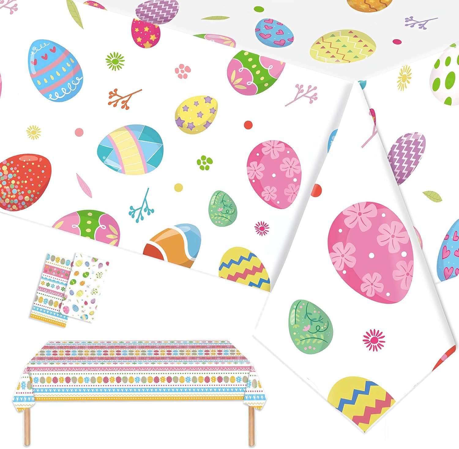 2 Pack Easter Tablecloth Decorations Plastic 54x108 Inch, Colorful Eggs Rectangle Vinyl Table Cover Disposable Spring Party Supplies Pastel Table Decor for Home Indoor Picnic Dinner Birthday