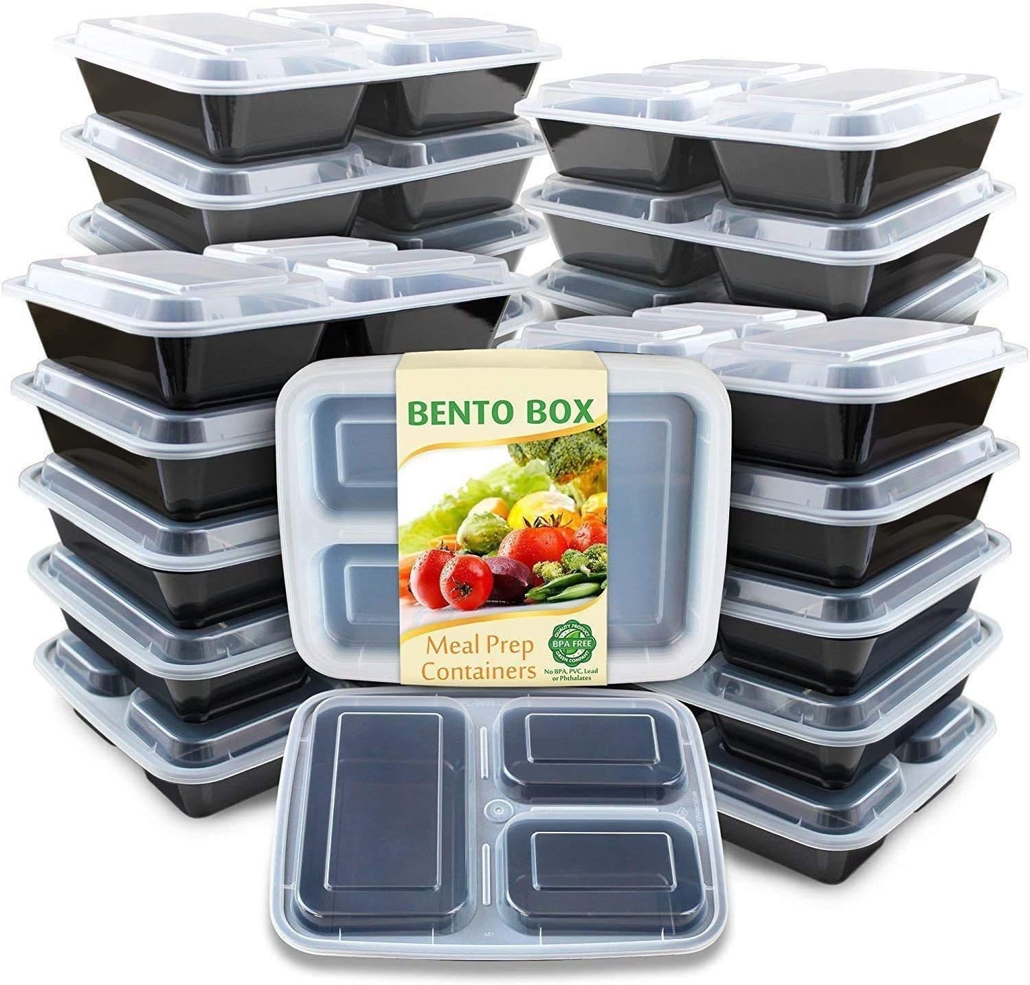 Enther Meal Prep Container 20 Pack 3 Compartments with Lids Food Storage Bento Box BPA Free/Reusable/Stackable Lunch Planning, Microwave/Freezer/Dishwasher Safe, Portion Control 36oz: Home & Kitchen