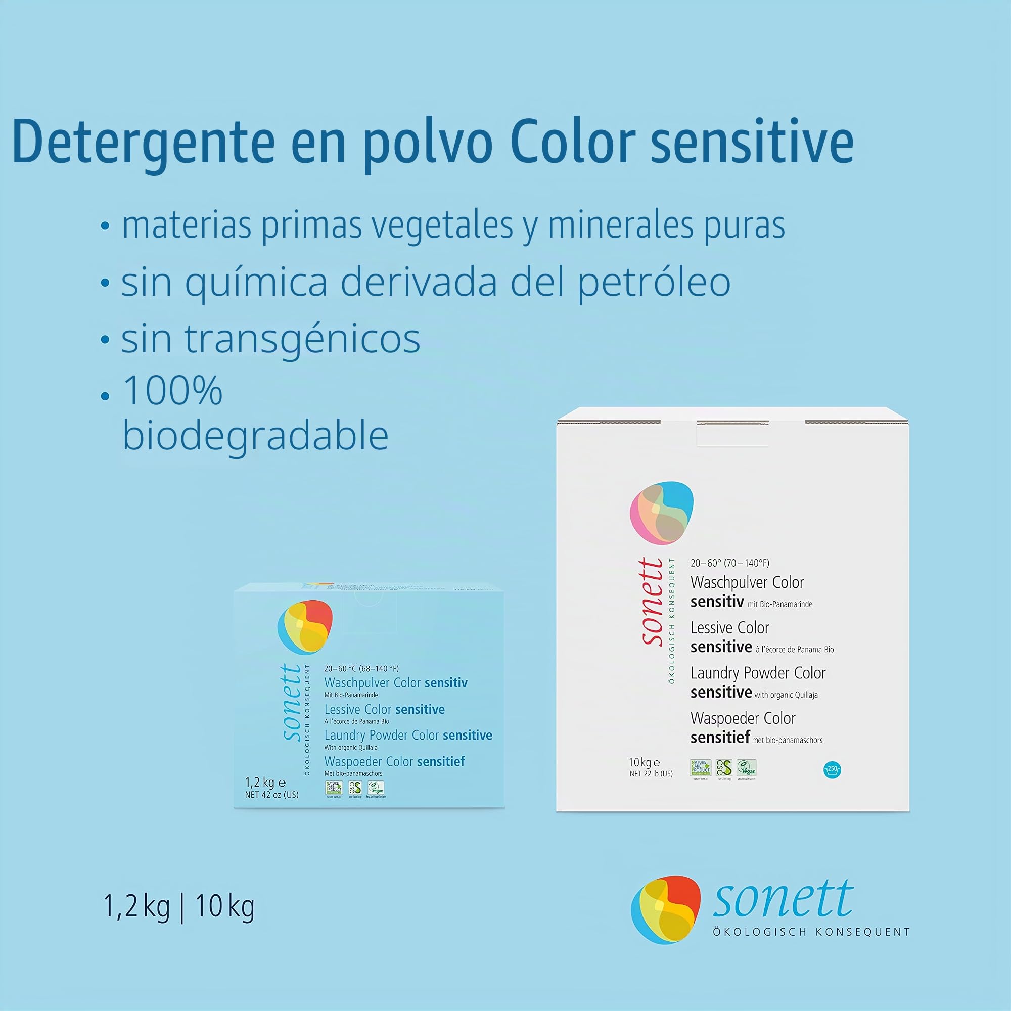 Detergente en polvo Color Sensitiv: con jabón vegetal orgánico puro, 100% biodegradable.