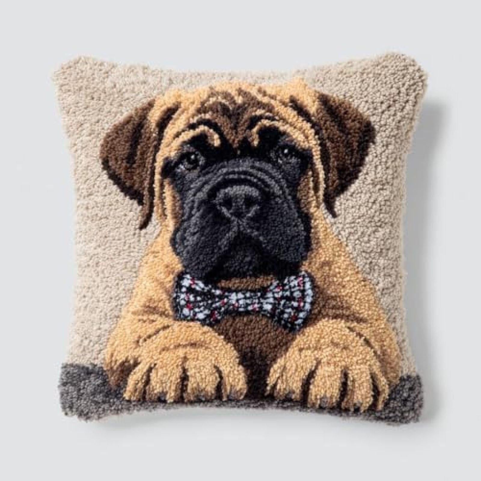 kitphoenix DIY Cushion Cover Kit for Adults Beginners,Bullmastiff Dog Bow Tie,Latch Hook Craft Set for Women with Pre-Cut Yarn and Hook,43x43 cm