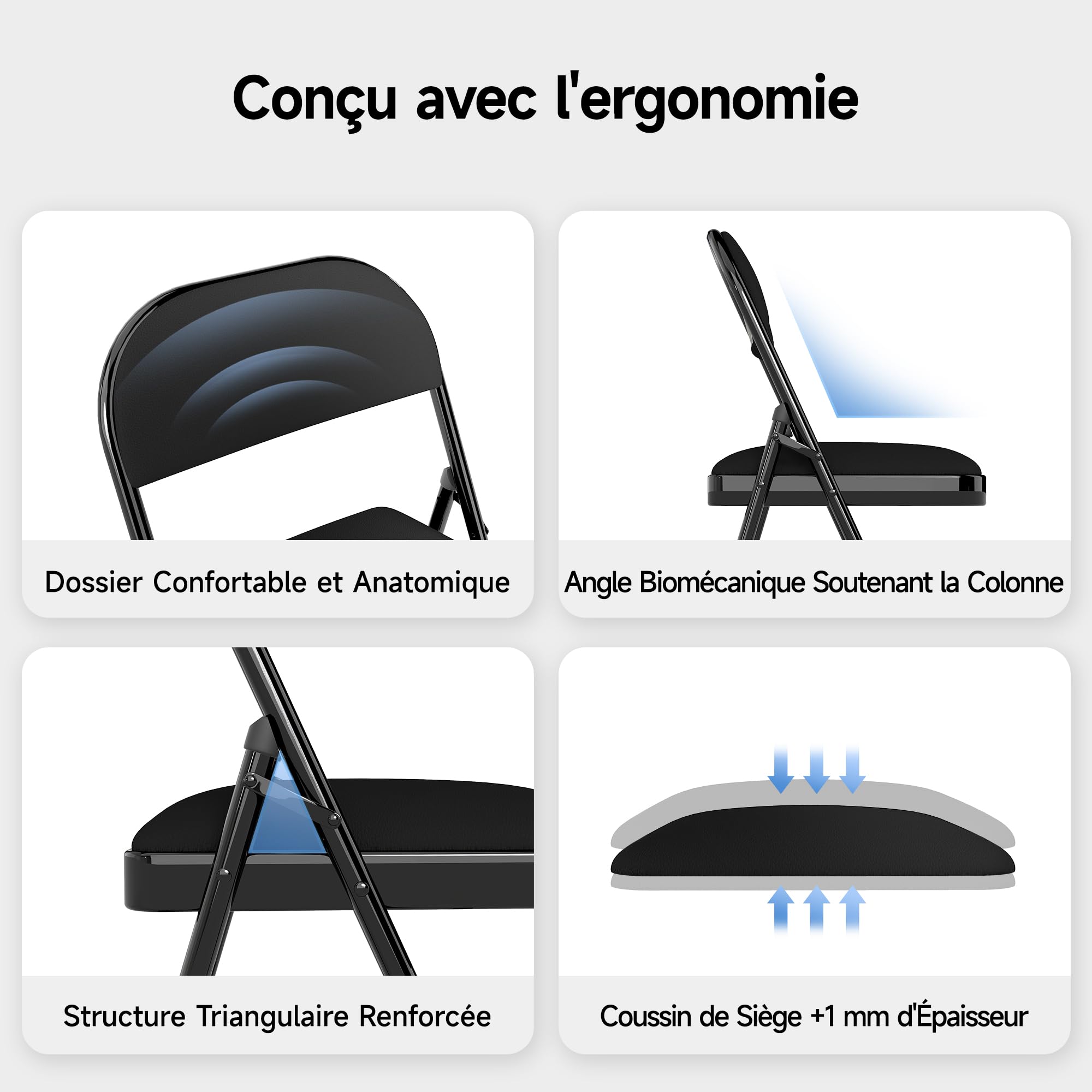 Chaises Pliantes en Similicuir avec Assise rembourrée, Structure en Acier, Lot de 4, idéales pour Les événements, la Maison et Le Bureau.Noir
