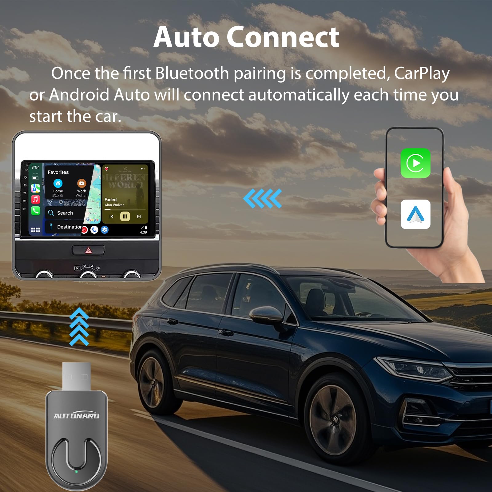 Adattatore per auto wireless CarPlay e Android 2 in 1: compatibile con Apple CarPlay, Android Auto, Plug & Play, connessione wireless veloce