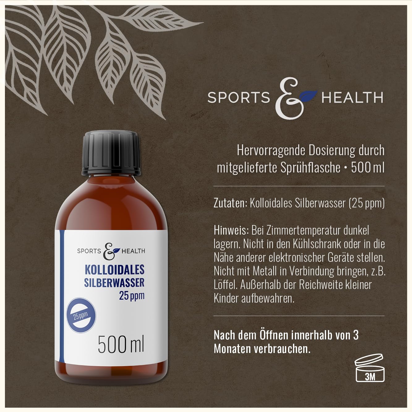 Kolloidales Silber - 25ppm + Extra Sprühflasche – 500 ml Braunglasflasche – Made in Germany (500 ml)