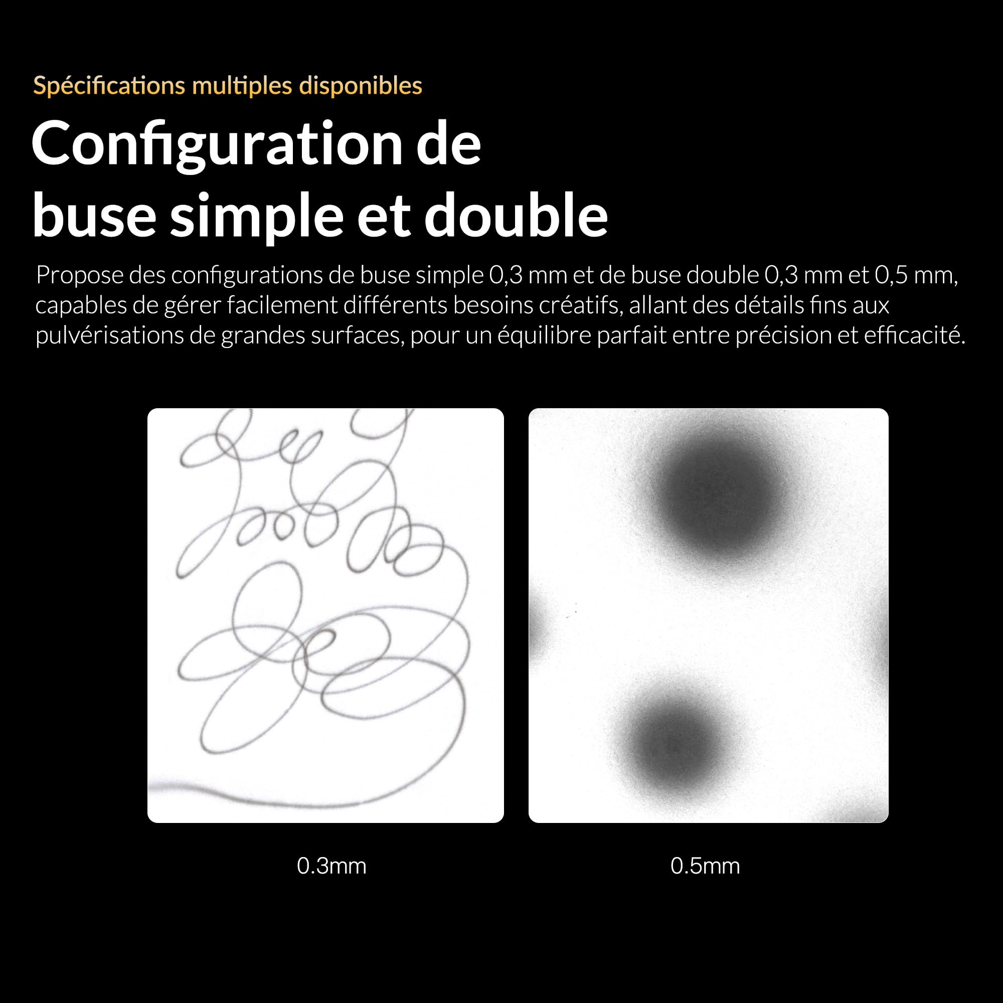 Gaahleri Seeker double action, gravité, buse 6 pos, aig./buses 0,3 & 0,5 mm, godet 1/3 oz, poignée ergo. Maquettes & peinture art