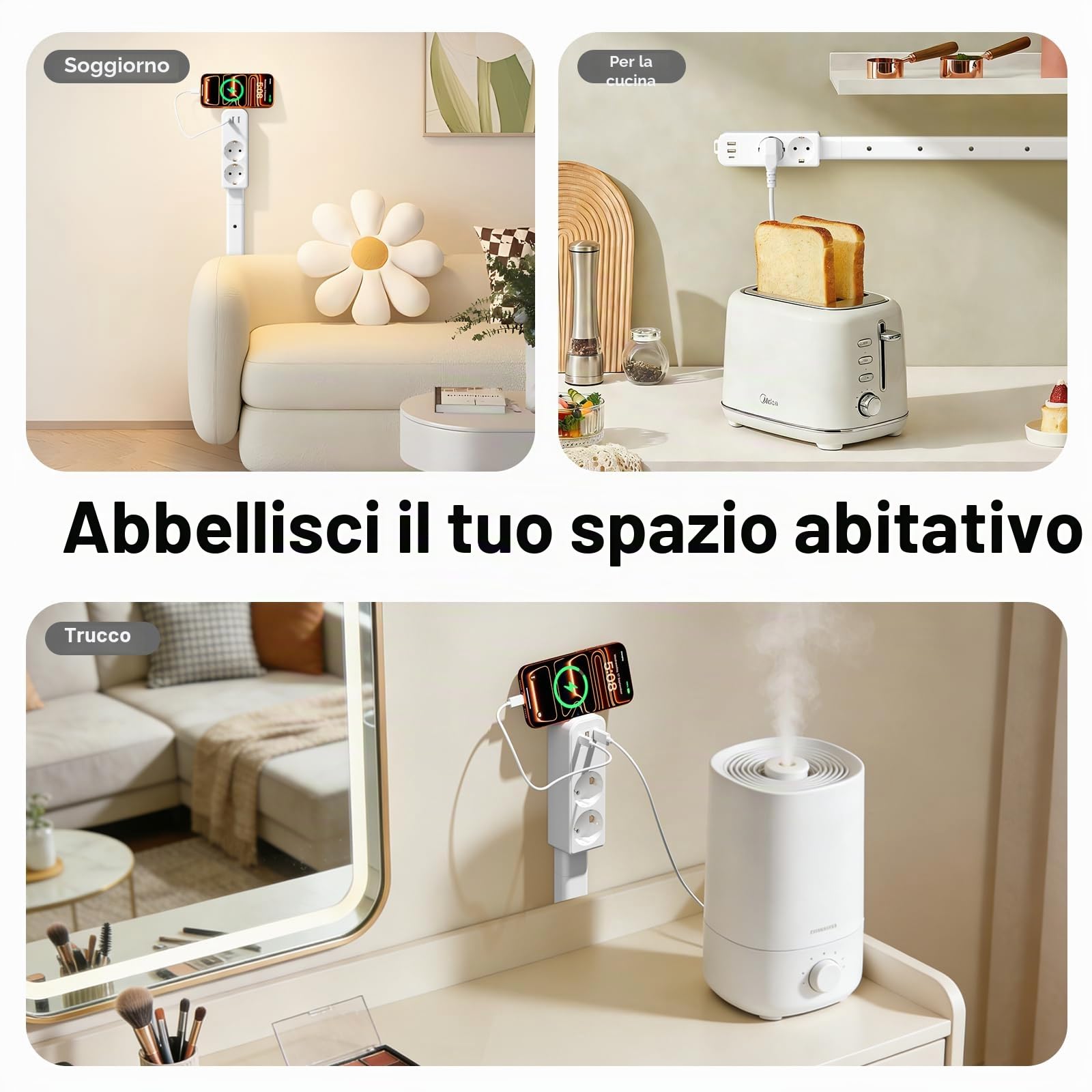 Multipresa Ciabatta Elettrica Estensibile con 3 asticelle estensibili, [Regolabile 9,92-37,32 pollici], 3 Presine AC, 2 USB-A, 1 USB-C, 360° montabile, ideale dietro divano e comodino