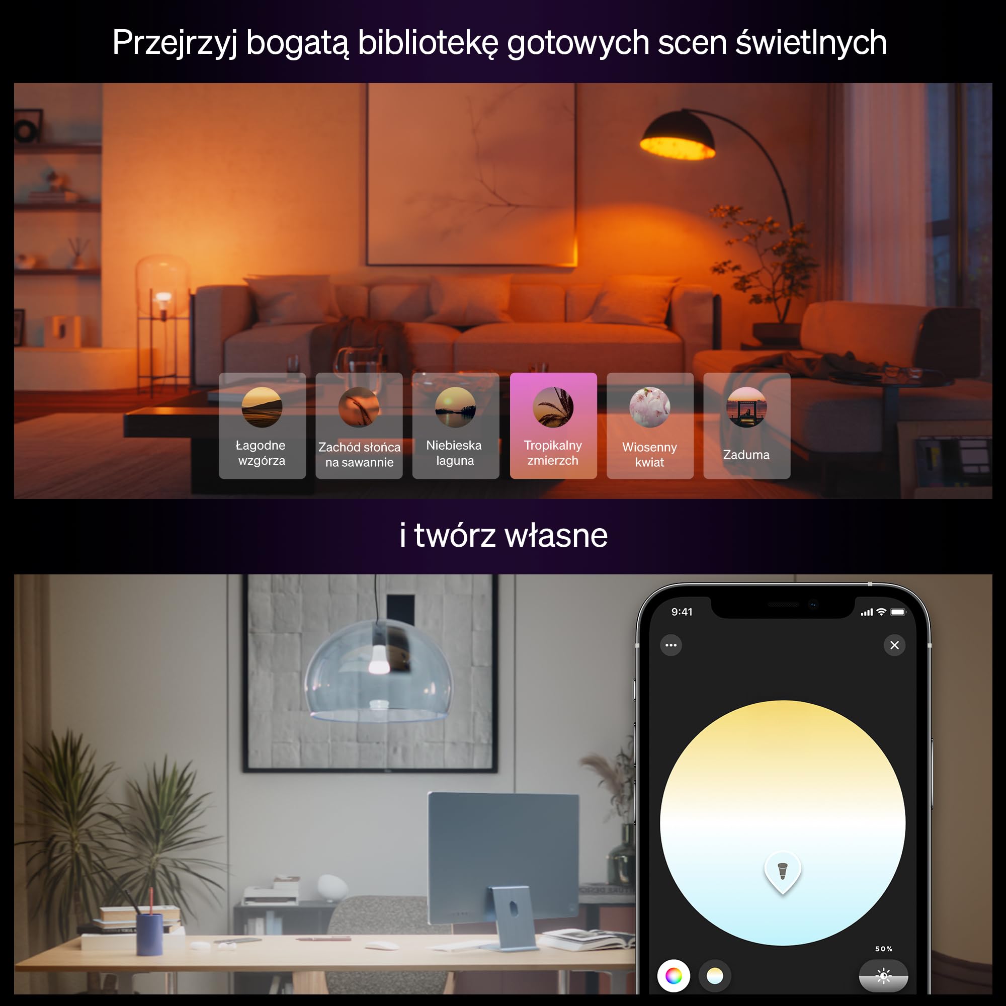 Żarówka Philips Hue Smart LED A60, White and Color Ambiance, trzonek E27, 6 W, pełne spektrum światła 1000K–20000K, 810 lumenów, przyciemn, działa z Alexa, Google Assistant i Apple Home, op. 2 szt.
