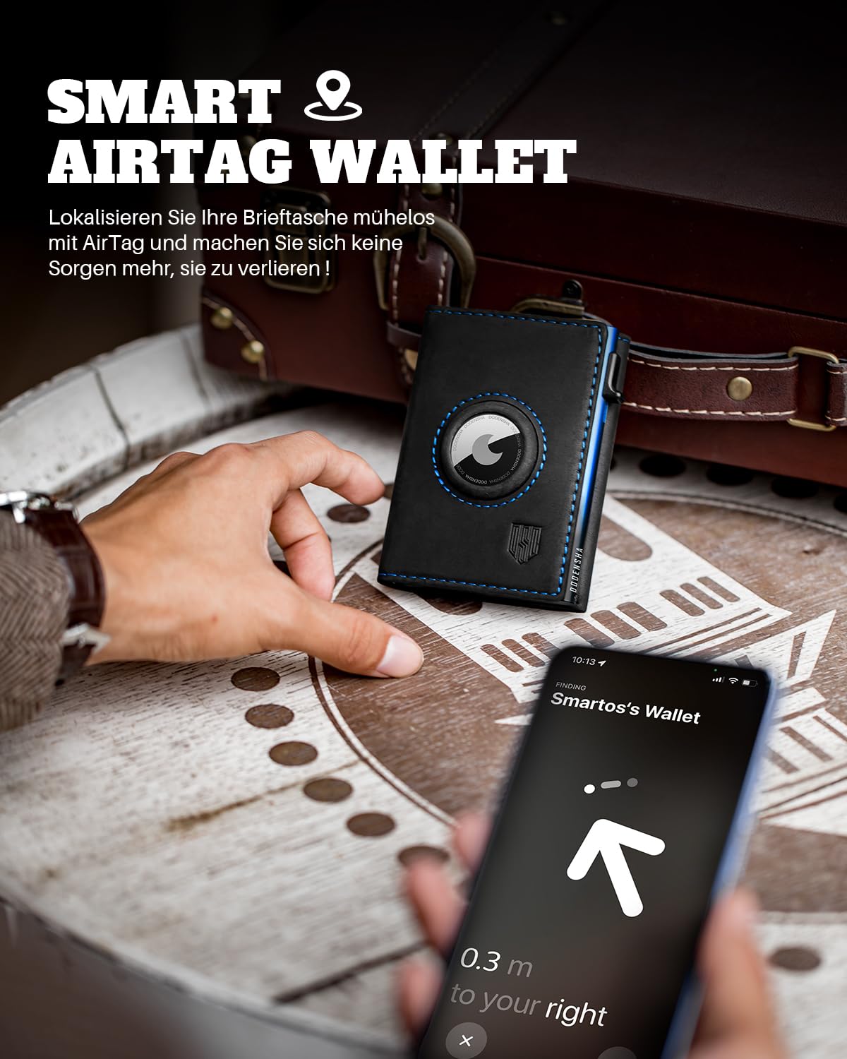 DODENSHA® MagSnap Airtag Wallet Herren: Smart Wallet für 10+ Karten, Wallet mit Münzfach, Geldbeutel mit AirTag* Fach, Geldbörse Herren mit RFID Schutz, Schwarz Blau