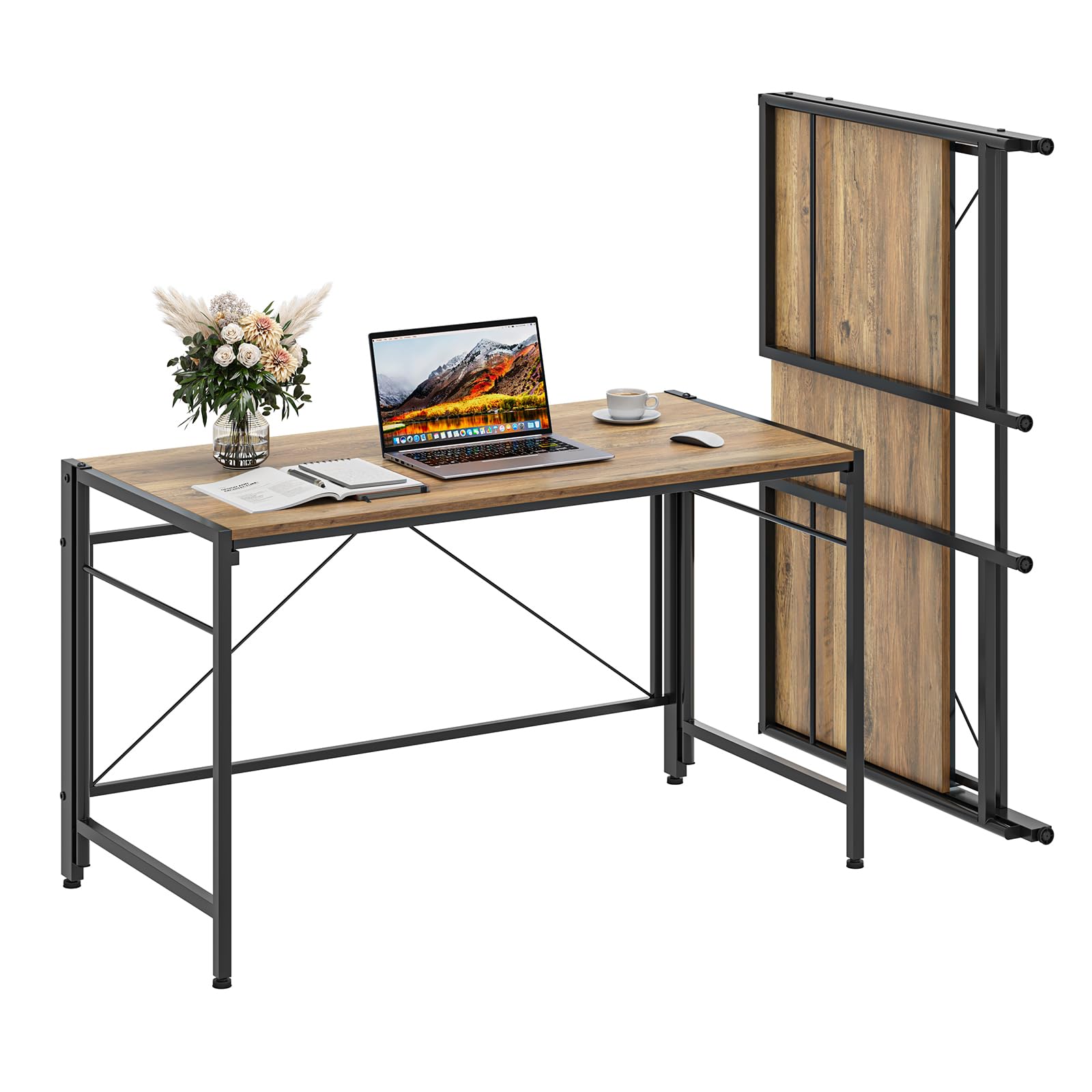 Dripex Folding Desk 110 x 50 cm Foldable Computer Desk, Space-Saving Writing Table with Metal Frame, Home Office Workstation for Study, Bedroom and Gaming, Easy Assembly, Beech