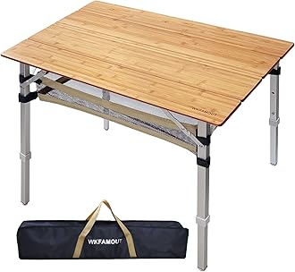 Bamboo Folding Camping Table 4 Folds with Adjustable Aluminum Legs Portable Picnic Table with Storage and Carry Bag for Outdoor Hiking Beach 3-5 Person