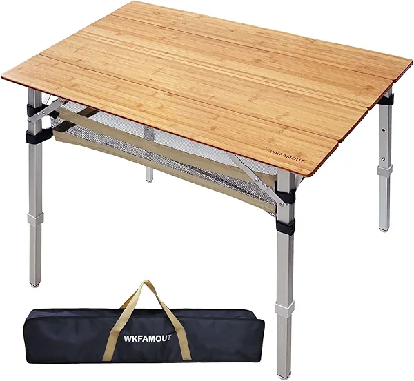 WKFAMOUT Bamboo Folding Camping Table 4 Folds with Adjustable Aluminum Legs Portable Picnic Table with Storage and Carry Bag for Outdoor Hiking Beach 3-5 Person
