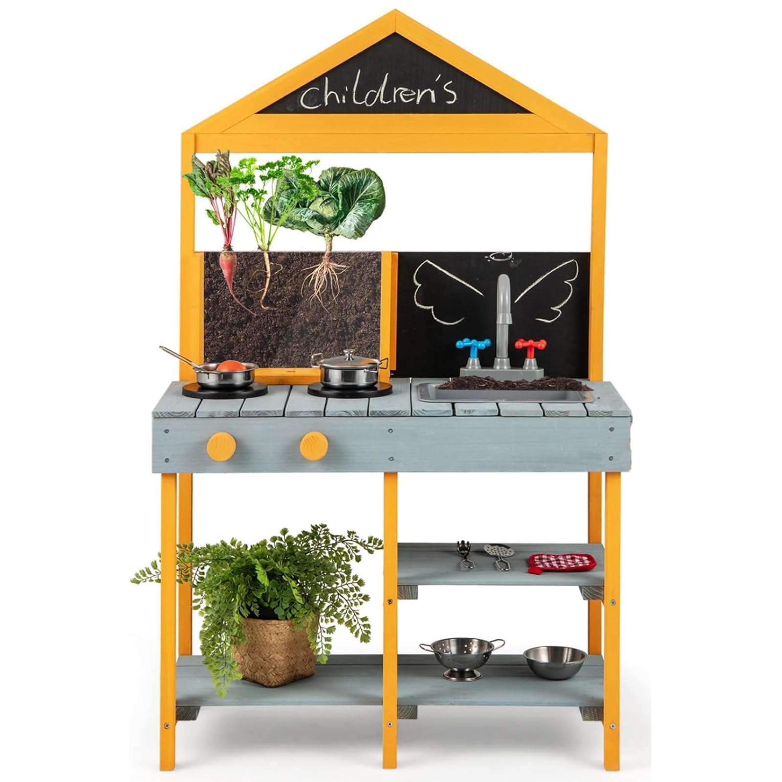 Maxmass Kids Mud Kitchen, Outdoor Wooden Children Play Kitchens with See-Through Planter Box, 2 Chalkboard, Sink, Faucet, Garden Toddler Toy Kitchen Cooking Playset for 3+ Years Old (Blue+Yellow)