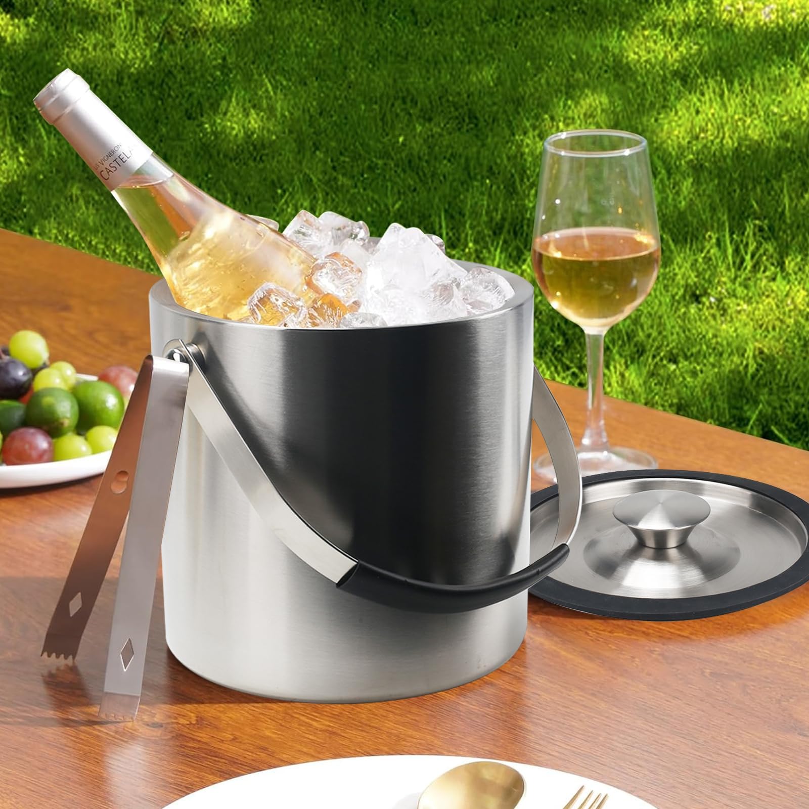 Zythrem Seau à Glace en Acier Inoxydable, 2L Seau à Glacon Isotherme, Seau à Glace Isolé à Double Paroi, avec Couvercle, Pince, Passoire et Poignée, Seau à Champagne pour Bar Fêtes Barbecues