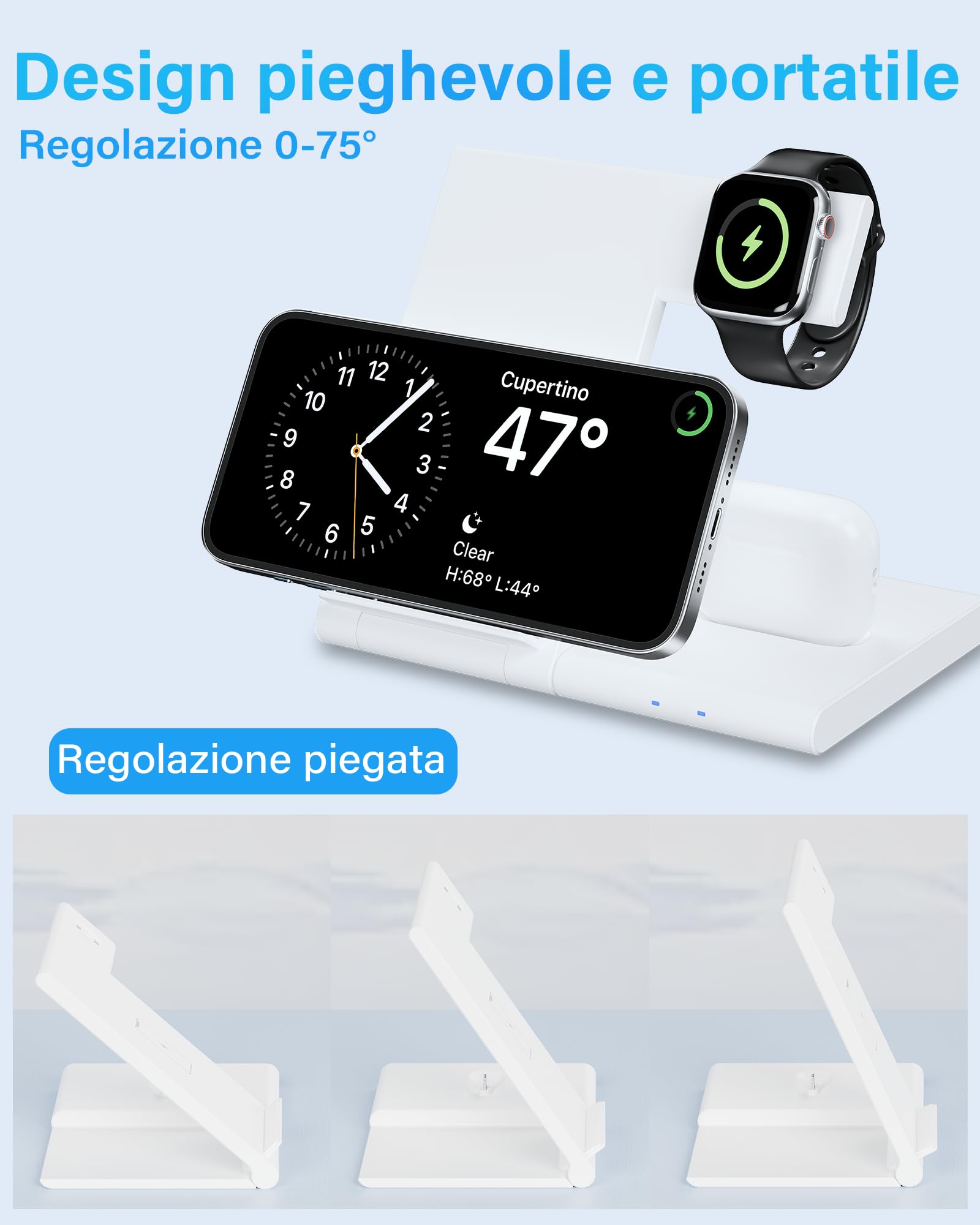 3 in 1 Caricatore Wireless per iPhone 11/12/13/14/15/XS/X/8 serie, A-pple Watch 9/Ultra/8/7/6/SE/5/4/3/2, Stazione Ricarica A-pple per Air Pods 1/2/3/Pro/Pro2(bianco)