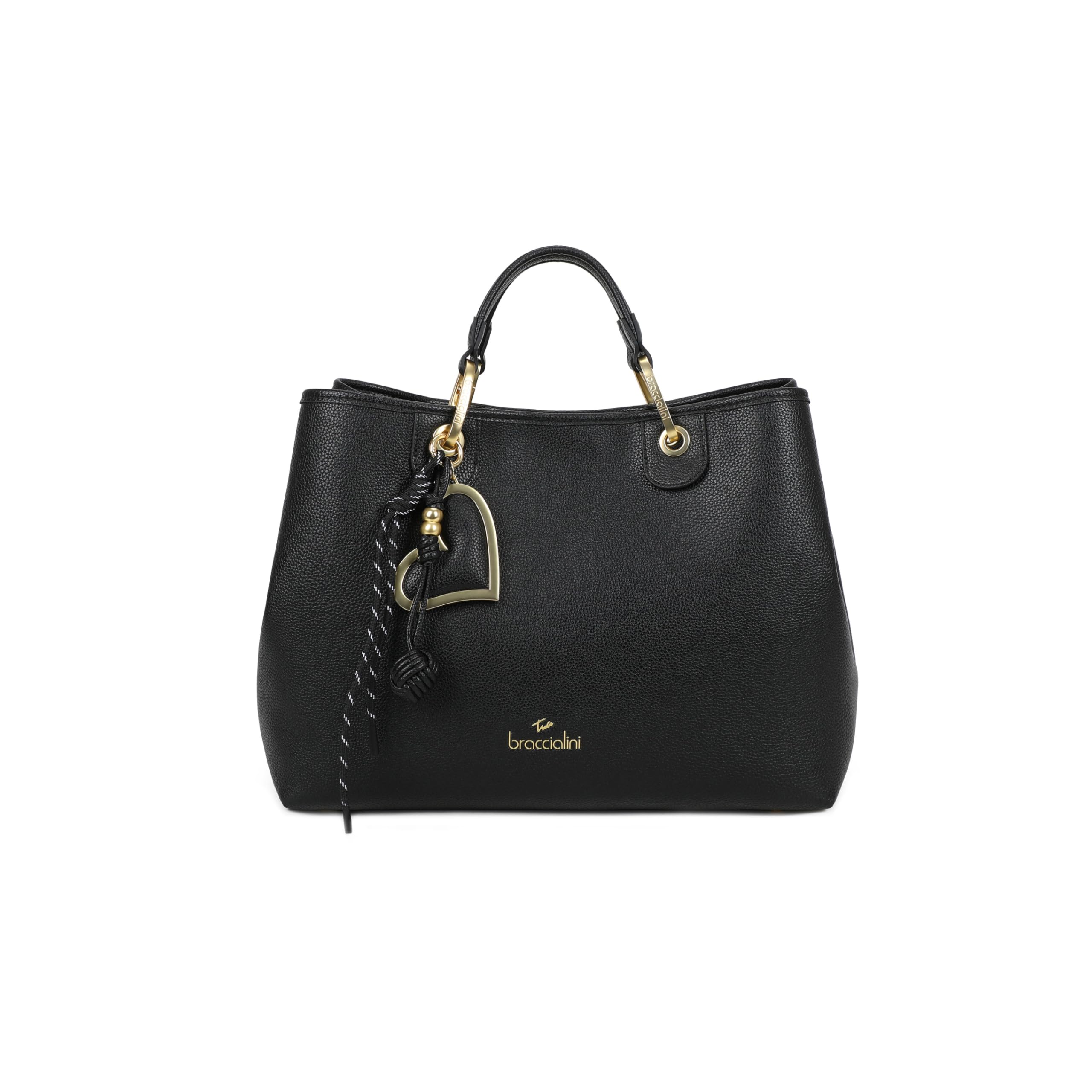 Braccialini Beth - Bolso de mano grande de piel sintética con asas dobles y correa de hombro ajustable extraíble con logo, doble portabilidad para uso diario