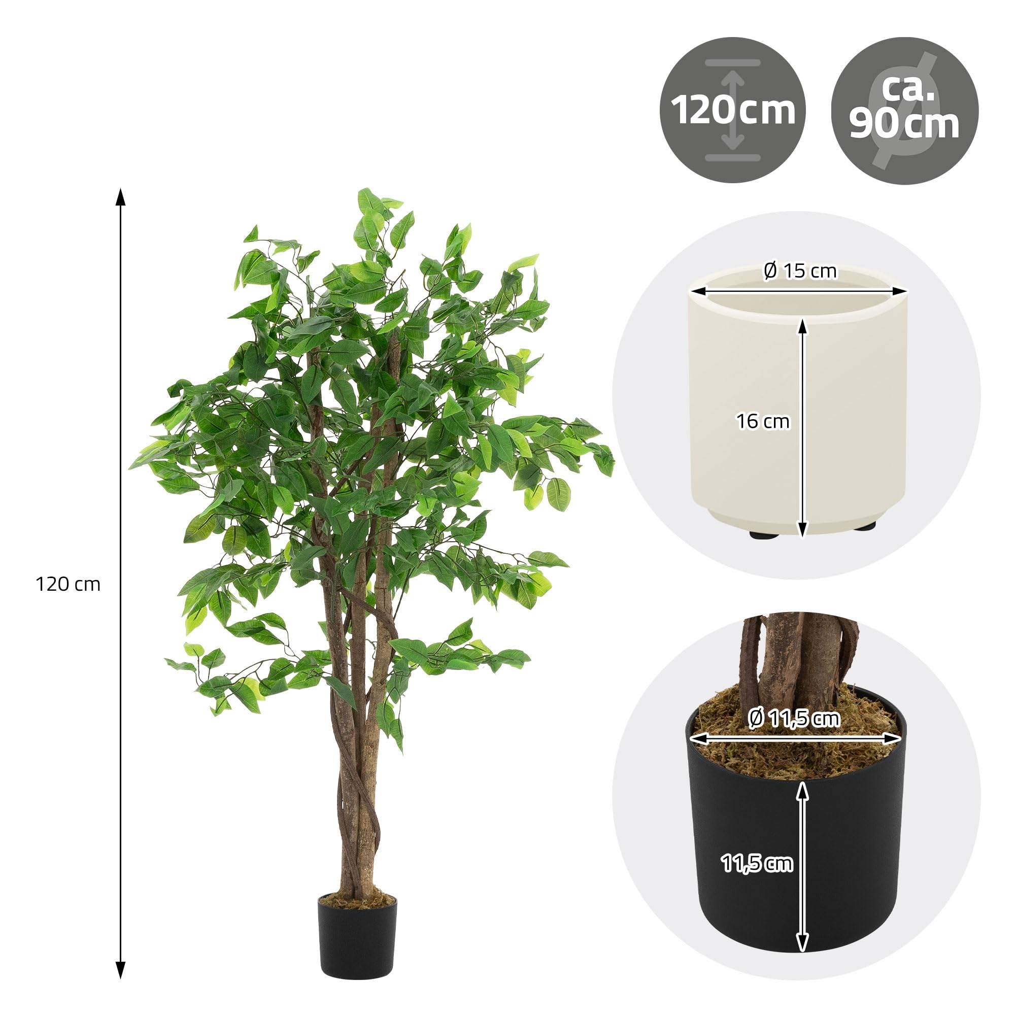 ML Design - Pianta artificiale Ficus, 120 cm, piante artificiali grandi come vere, finte da interno con tronco in legno naturale, per interni ed esterni, facile da pulire, per soggiorno e ufficio