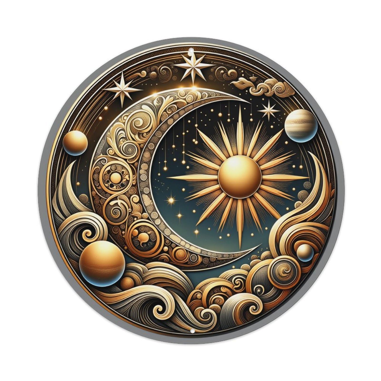 Celestial Sun Moon Stars Orbs Round Tin Sign Vintage Metal Poster, Home Bar Garage Man Cave Cafe Indoor & Outdoor Wall Decoration 8x8Inches