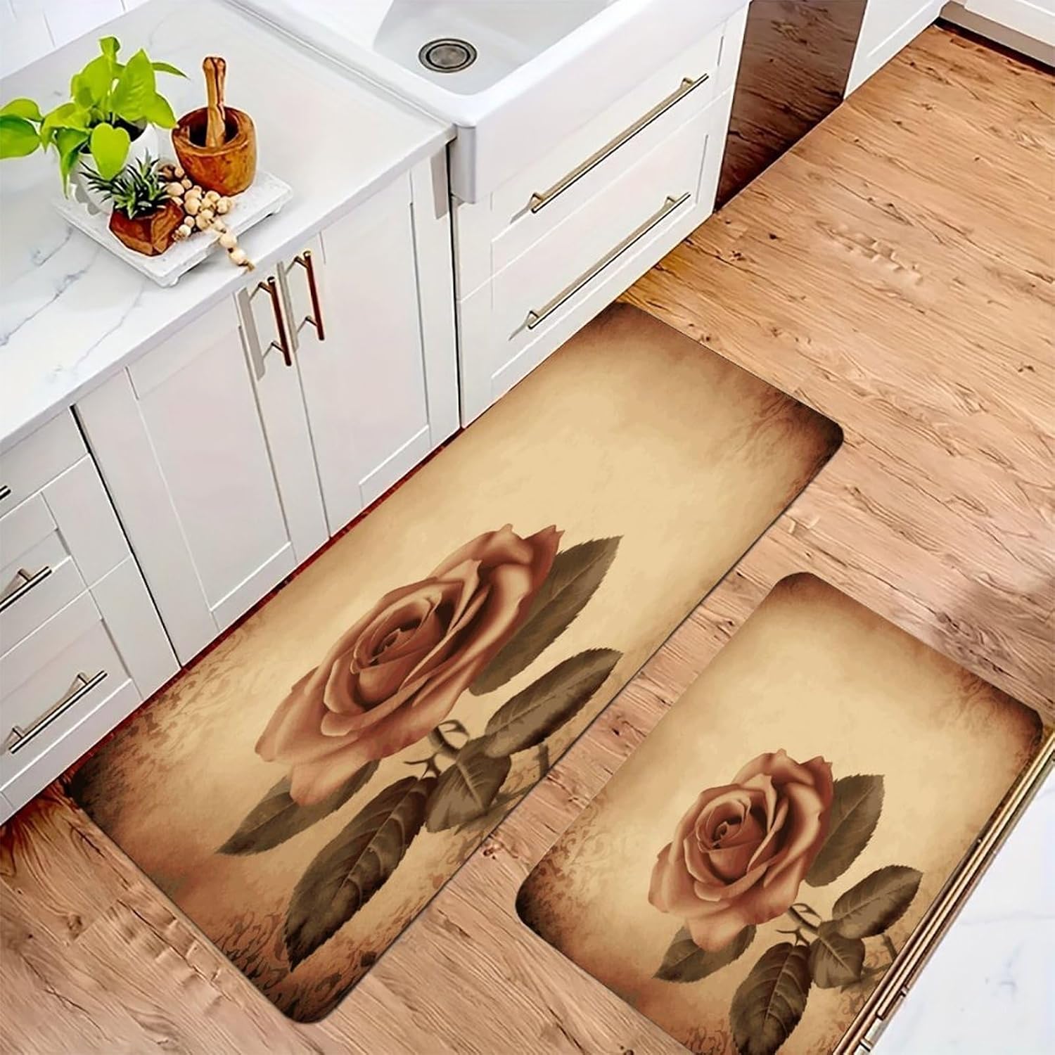 Vintage Rose Kitchen Mat Set of 2 Ergonomic Comfort Velvet Rugs Cushioned Anti-Fatigue Non-Slip Standing Mats Thick Kitchen Floor Mat Carpet Runner Rugs 16"×24"+17"×47"
