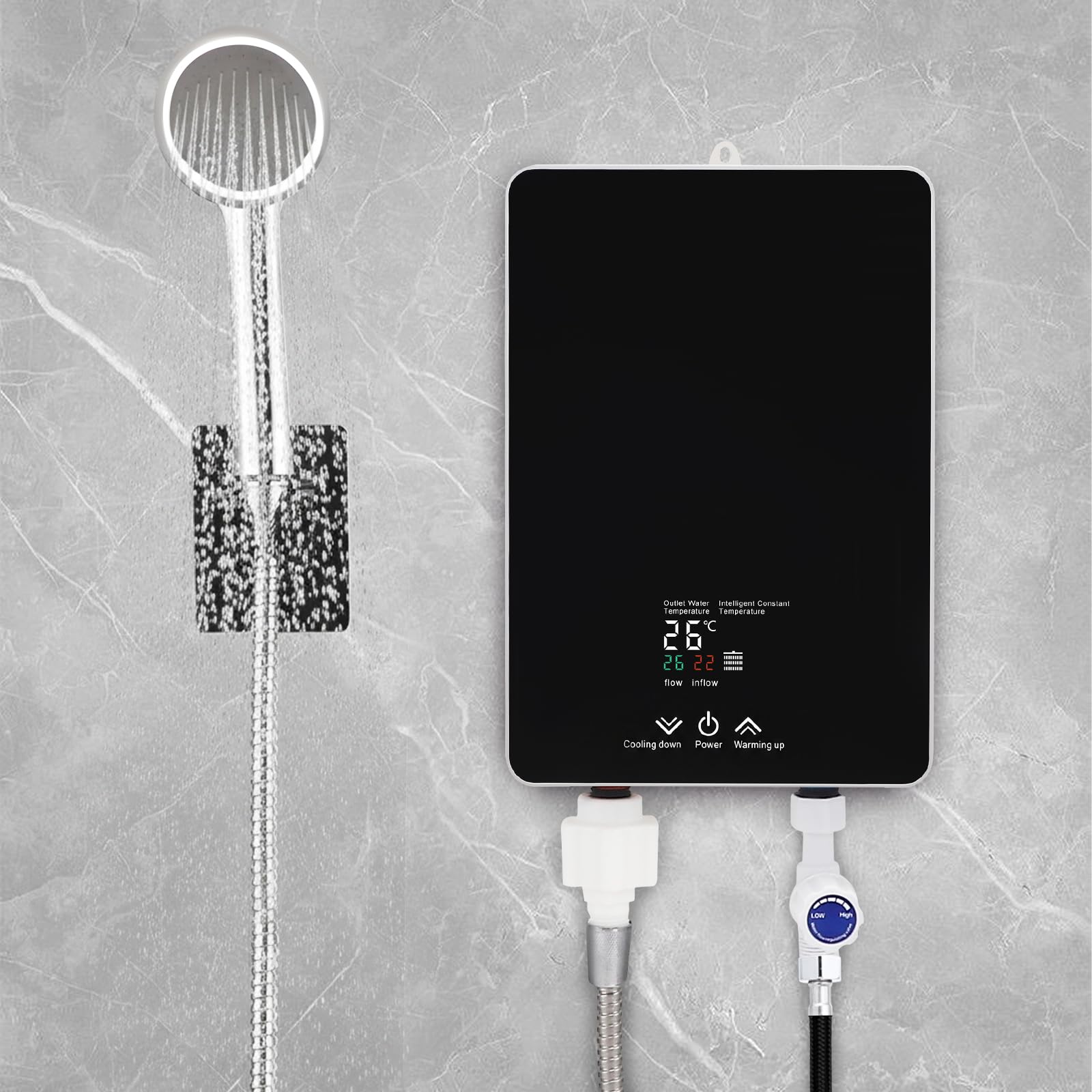 Calentador instantáneo de 5500 W, 230 V para ducha y cocina | Mini calentador de agua eléctrico con pantalla LED de temperatura y cabezal de ducha | Protección contra salpicaduras IPX4 para baño