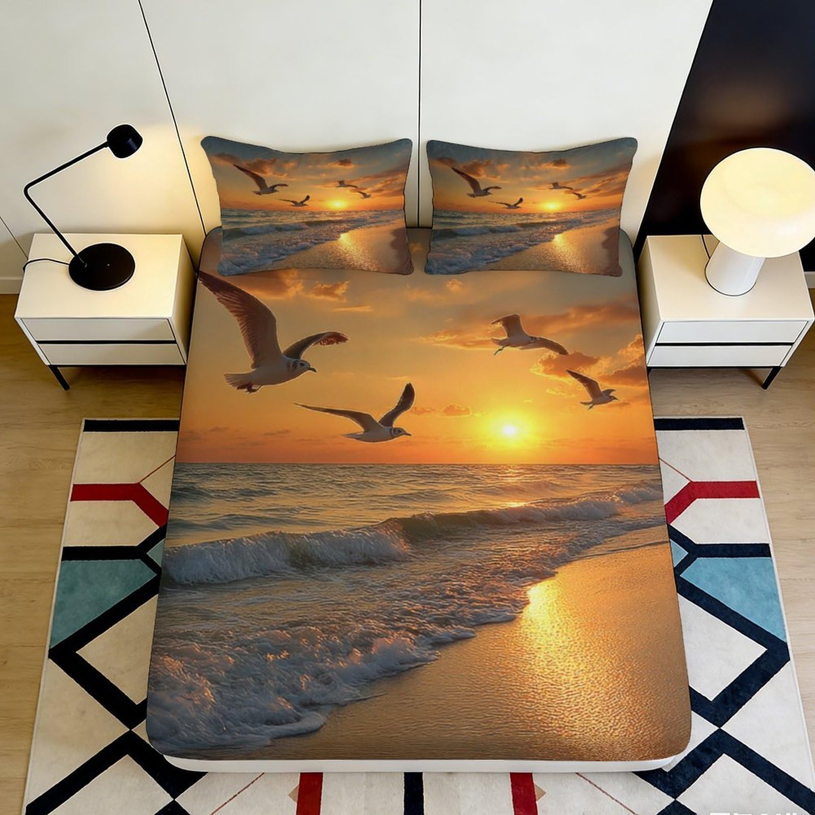 3D Printed Seaside Sunset Fitted Sheet Microfiber Ocean Seagull Bed Cover for Bedroom Guest Room Mattress Decor 90x200x25cm