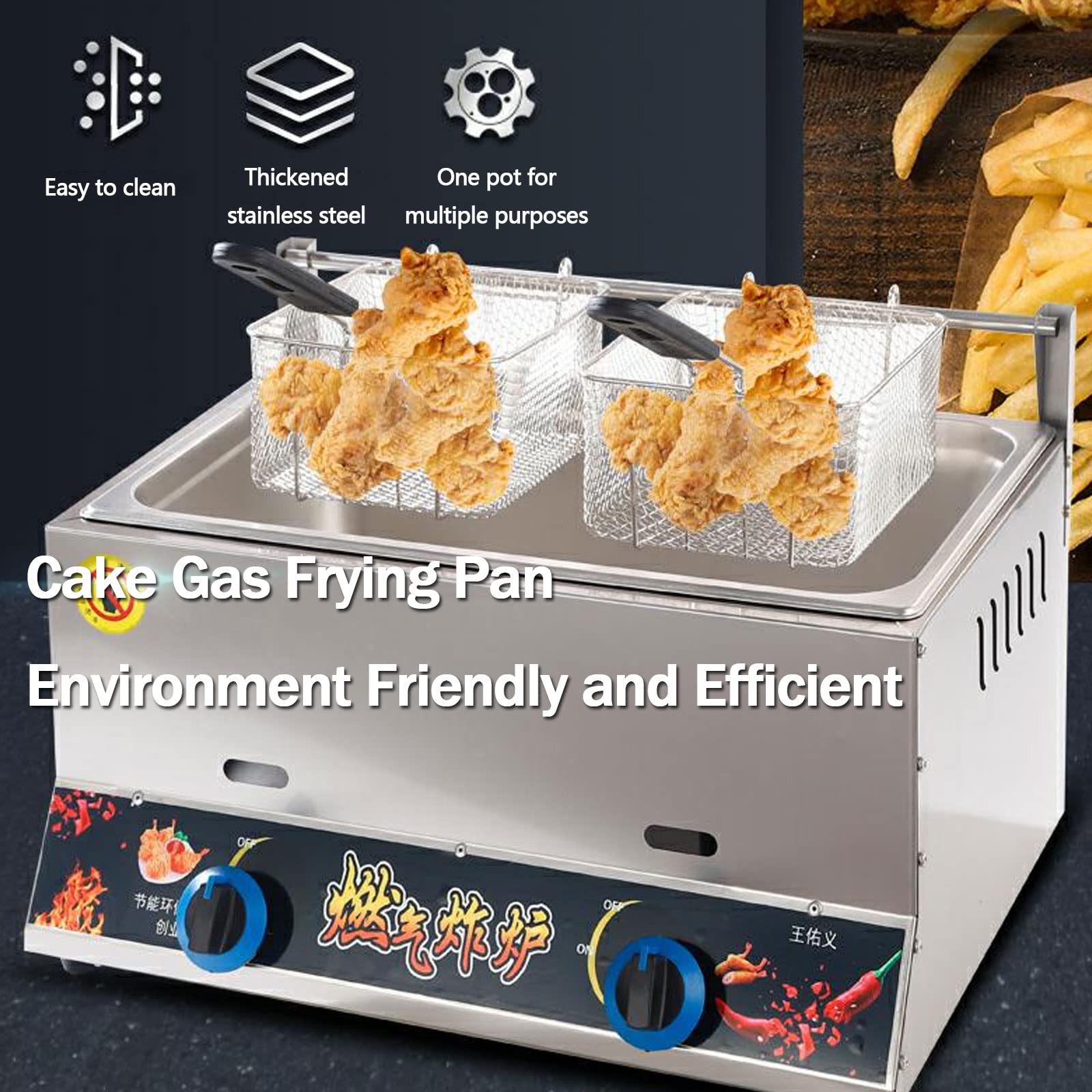 Frytkownica ze stali nierdzewnej do blatu roboczego, frytkownica na gaz propan, antypoślizgowa, łatwa do czyszczenia, do podgrzewania żywności, frytkownica z pojemnikiem ze stali nierdzewnej