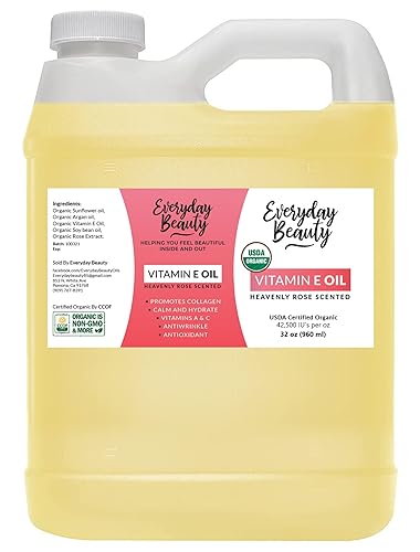 Aceite orgánico de vitamina E  A granel 32 onzas con aroma a rosa celestial certificado USDA 100% natural a base de plantas, aroma ligero y rosa,