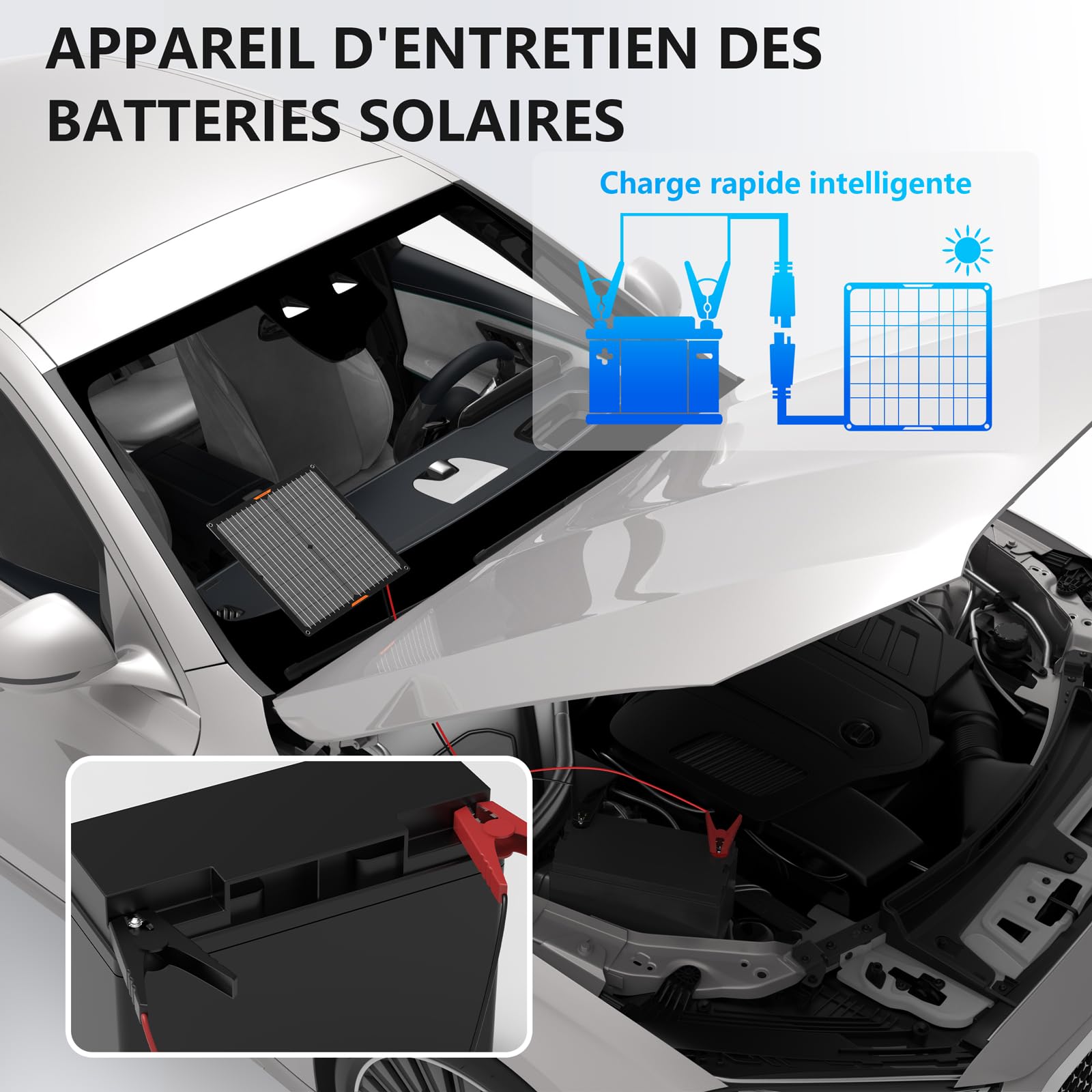 Panneau solaire 30 W 12 V Chargeur de batterie solaire de voiture Portable Chargeur de batterie solaire étanche & Chargeur d'entretien avec prise allume-cigare Trickle & pince crocodile