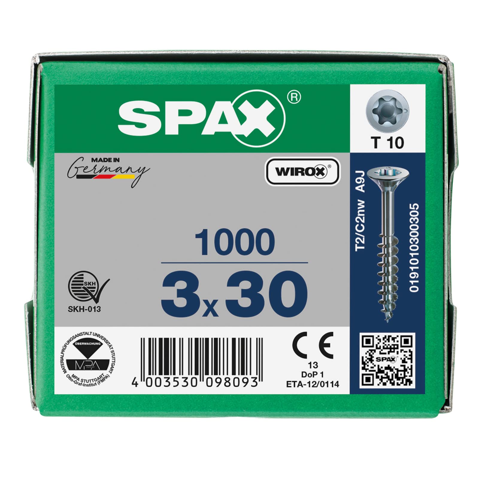 SPAX Universalschraube, 3,0 x 30 mm, 1000 Stück, T-STAR plus, Senkkopf, Teilgewinde, 4CUT, WIROX A3J, blank verzinkt, 0191010300305
