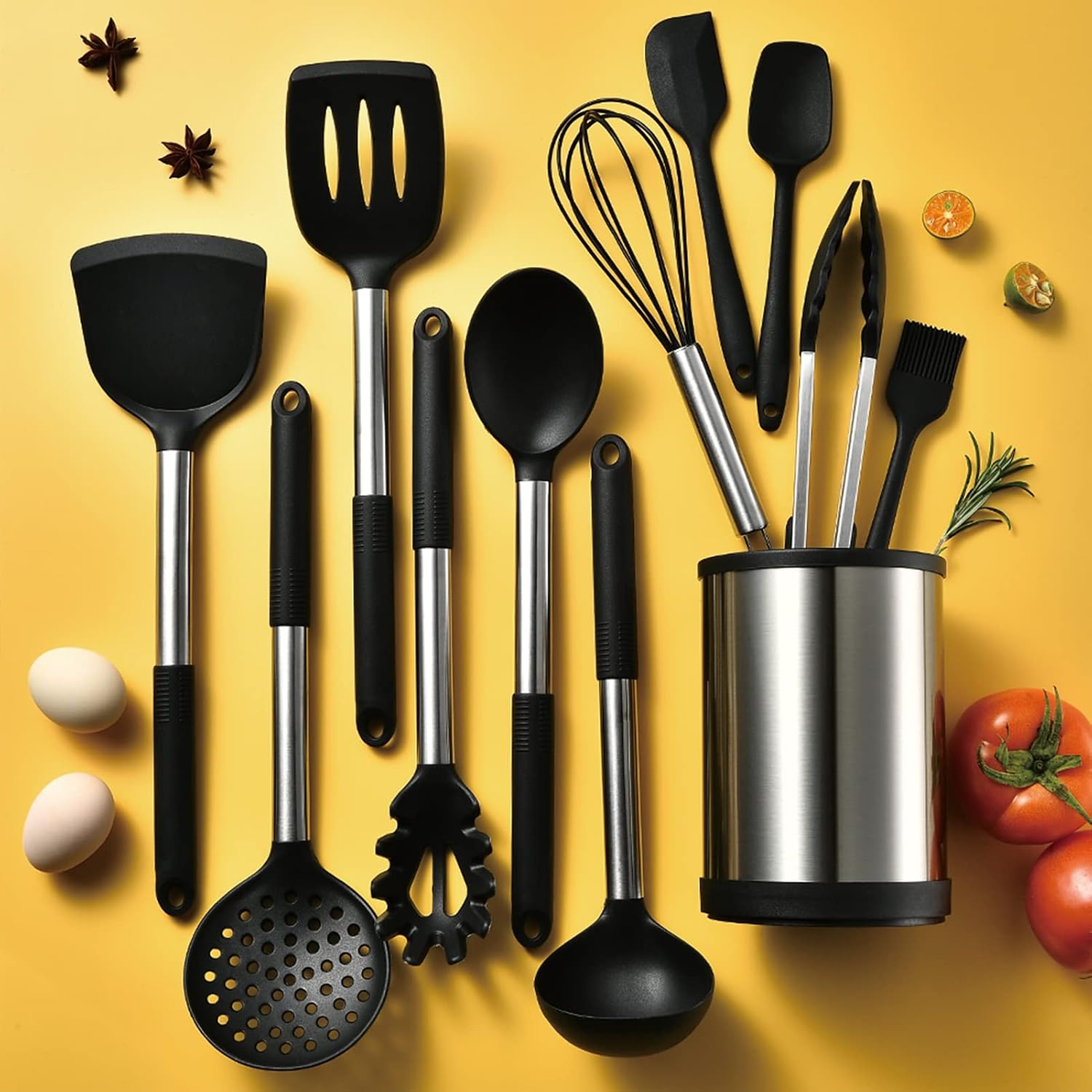 Kitchen Cooking Utensils Set, 12-piece Non-stick Kitchen Silicone Utensils Set Heat-resistant Stainless Steel Handle,BPA-Free, Kitchen Tool Set (Black)
