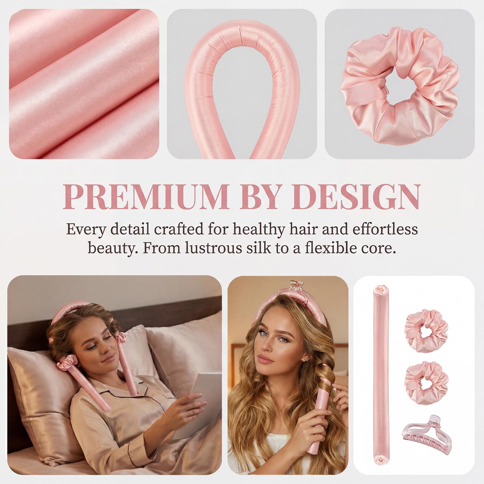 Juego de rizadores sin calor, diadema de seda para rizos, sin rodillos de calor para dormir durante la noche, rizadores de pelo de satén para cabello largo y mediano (rosa)