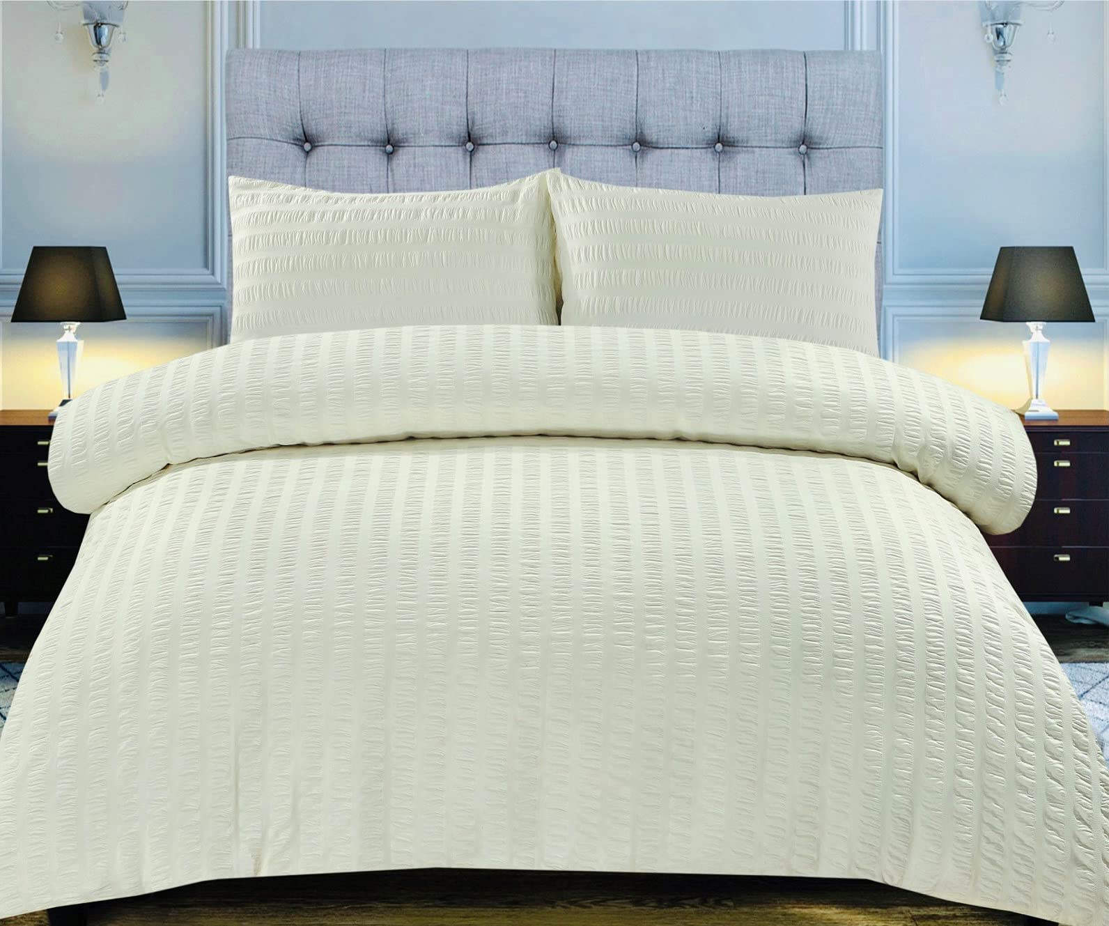 KD HOME EVERYTHING YOU NEED Seersucker Duvet Quilt Cover Set with Matching Pillowcases, Ultra Soft Cosy Polycotton Stripe Design, Easy Care & Machine Washable (Cream, Double)
