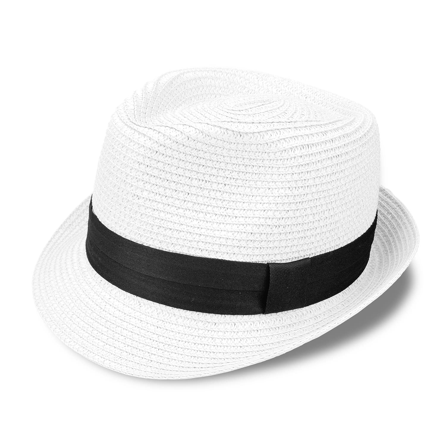 Straw Fedora Hat Short Brim Packable Roll Up Trilby Hat Classic Adjustable Panama Summer Beach Sun Hat UPF 50+ (l xl White)