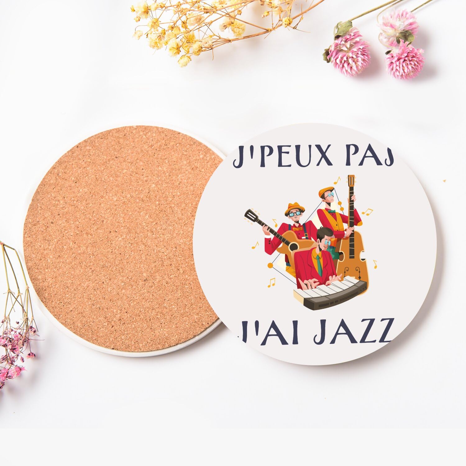 Sottobicchiere rotondo in ceramica – J'Peux Pas J'Ai Jazz Musica pianoforte per chitarra bassa, confezione da 6 (108 x 108 mm)