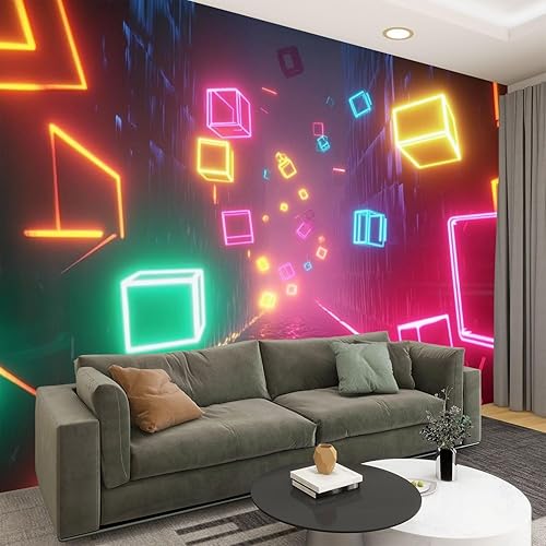 Miniatura 5 de Murales modernos para papel tapiz 3D de los años 80, neón, retro, Synthwave, 3D, laberinto, cubos, formas geométricas, despegar y pegar,