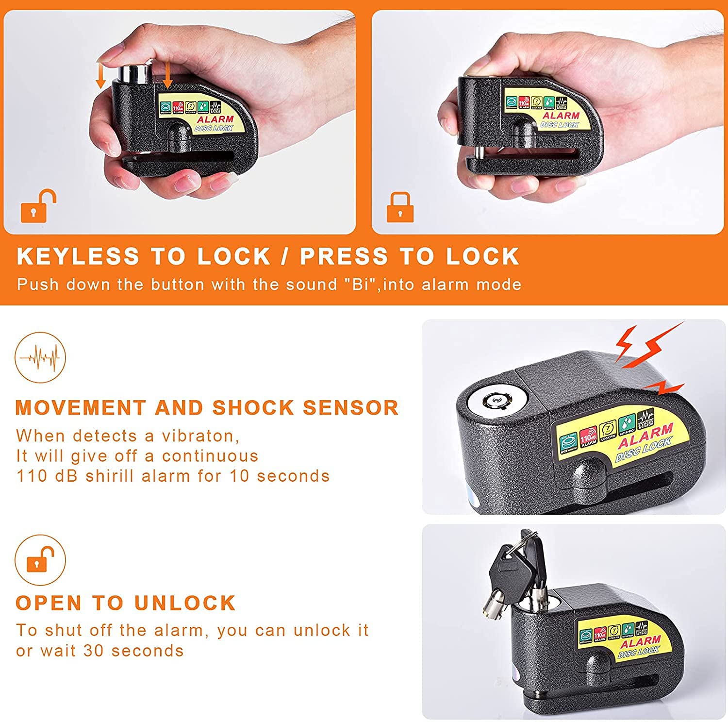 Gbivbe 110dB, blocco freno a disco, allarme moto, nero, confezione da 1 pezzo, controlli fisici, compatibile con moto, ciclomotore, scooter, bicicletta