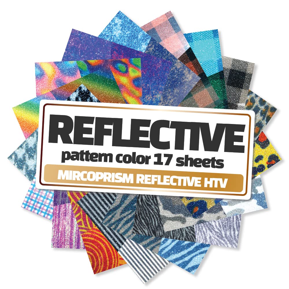 Reflective Heat Transfer Vinyl 10"x12"-17 Pattern Color HTV Adhesive Iron-On Transfer DIY Design T-Shirt Compatible with Cricut and Silhouette Cameo Heat Press Machine Easy to Weed Cut