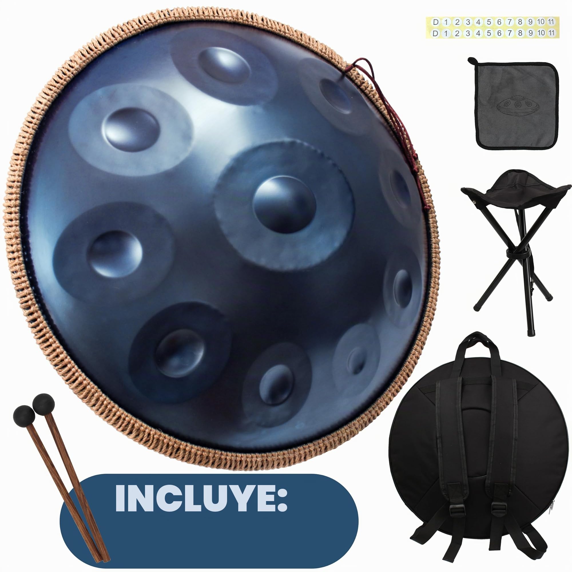 Antetok Handpan Drum Harmónico de Acero en Re Menor 10 Notas y 22 Pulgadas con Bolsa Suave de Tansporte, Instrumento de Percusión Armónica para Sanación con Sonido, Meditación Personal, Yoga(Azul)