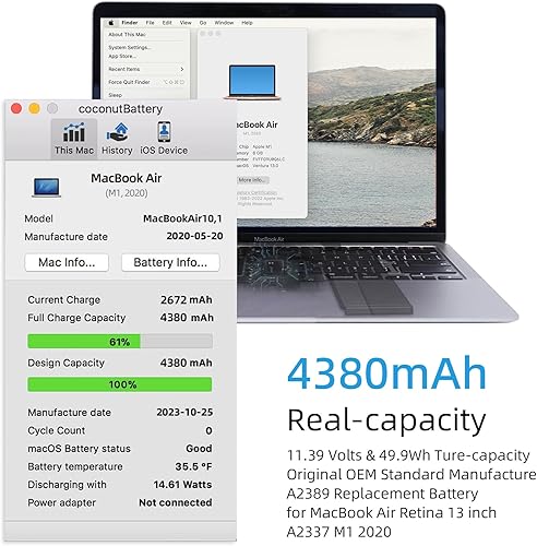 Miniatura 2 de Reemplazo de batería A2337, MGN63LLA Tipo de batería A2389 para MacBook Air Retina 13 pulgadas 2020 M1 Modelo A2337 EMC 3598 MacBookAir 10,1