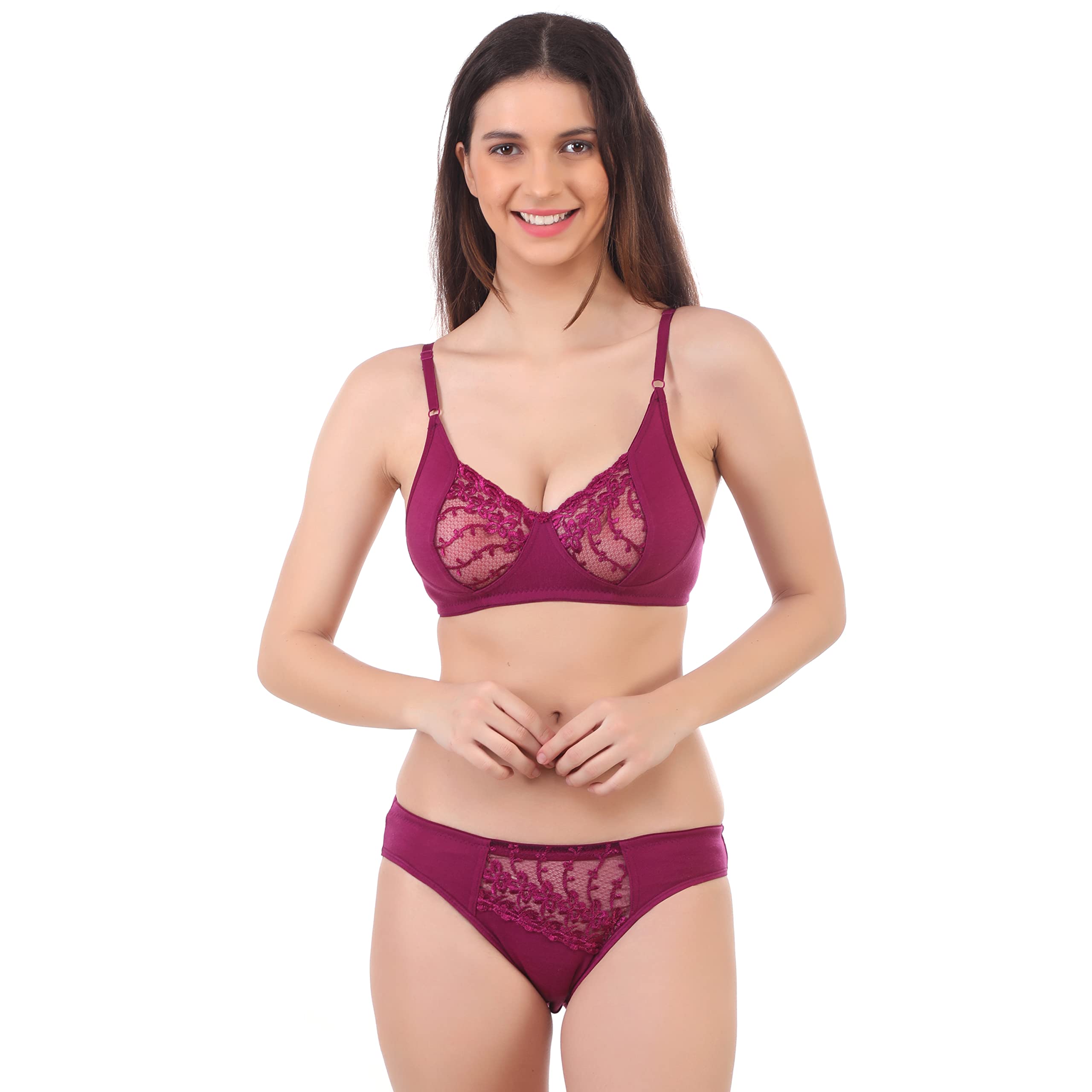 FLK Lycra Pallu with Polycotton Bra n Panty Set Sexi with Honeymoon for Girls n Women_38_Violet-image-3