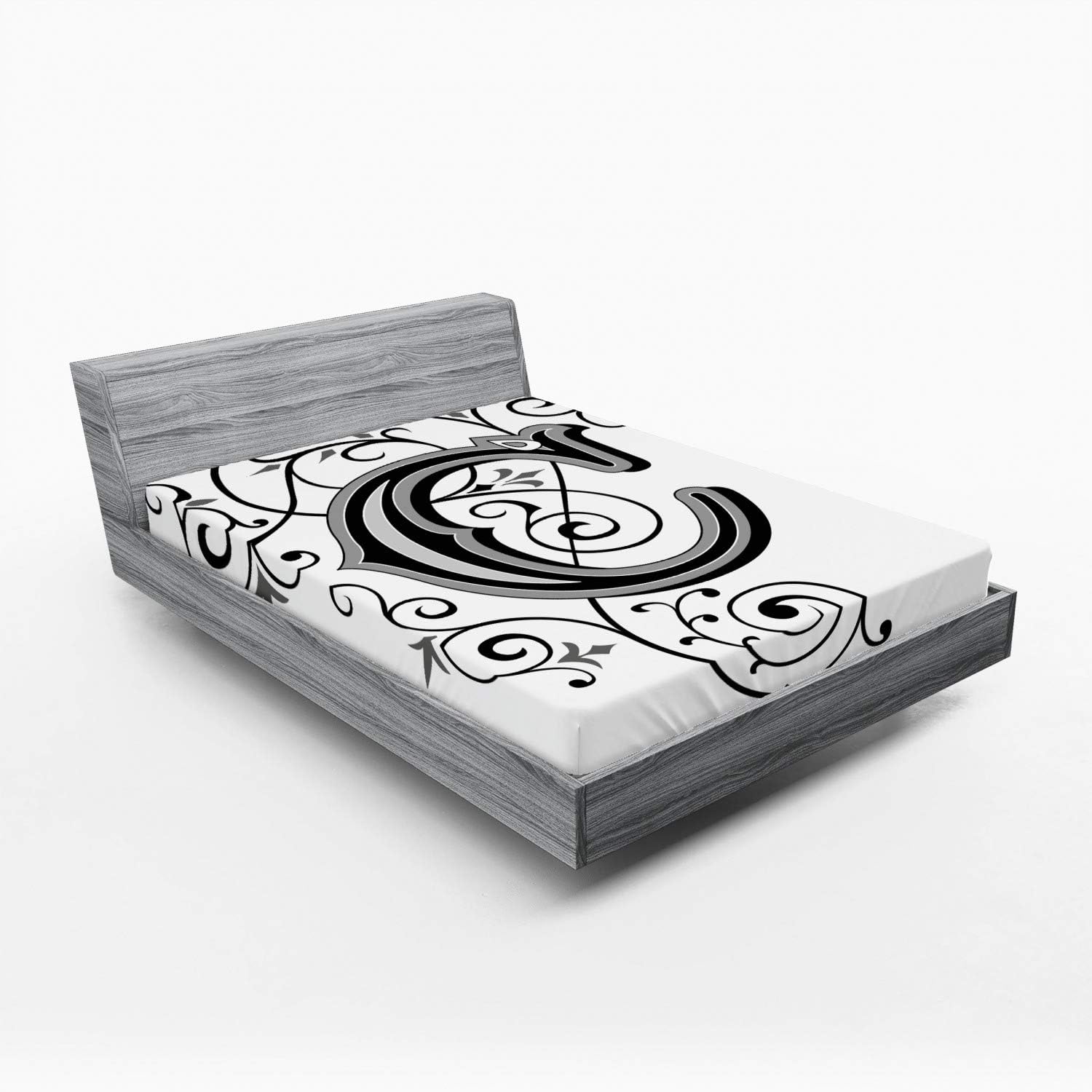 Ambesonne Letter C Fitted Sheet, Victorian Inspired Gothic Style Capital C Vintage Feminine Floral Branches, Bed Cover with All-Round Elastic Deep Pocket for Comfort, Queen Size, White Black Grey