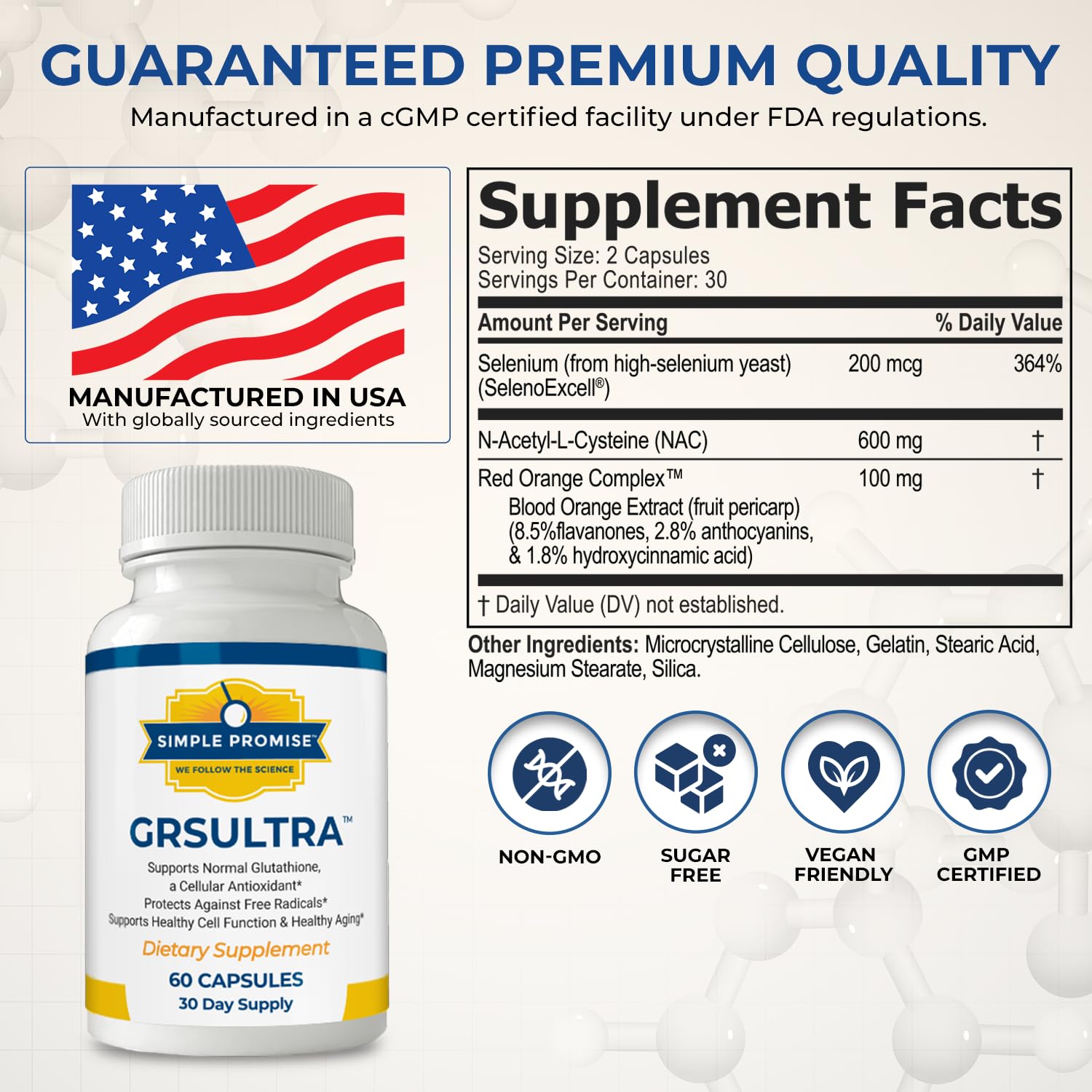 Amazon.com: Simple Promise GRS Ultra - Glutathione Supplement with NAC  600mg N-Acetyl Cysteine, Selenium 200mcg & Red Orange Complex - Antioxidant  & Cellular Support for Men & Women