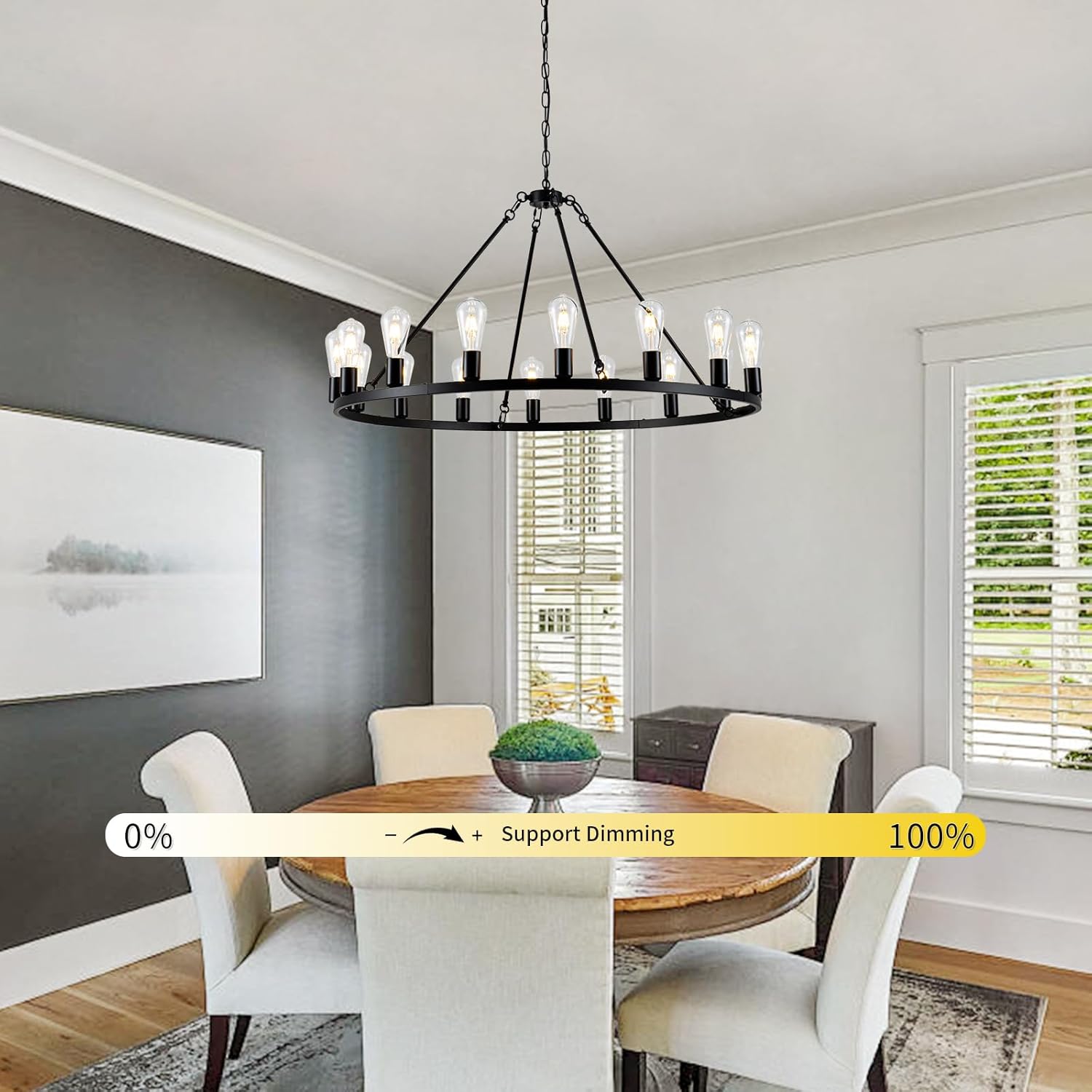 16-Light Wagon Wheel Chandelier, 40 inch Farmhouse Wagon Wheel Chandeliers, Black Round Rustic Pendant Lights, Industrial Ceiling Light Fixtures for Dining Room Living Room Bedroom Kitchen Entryway