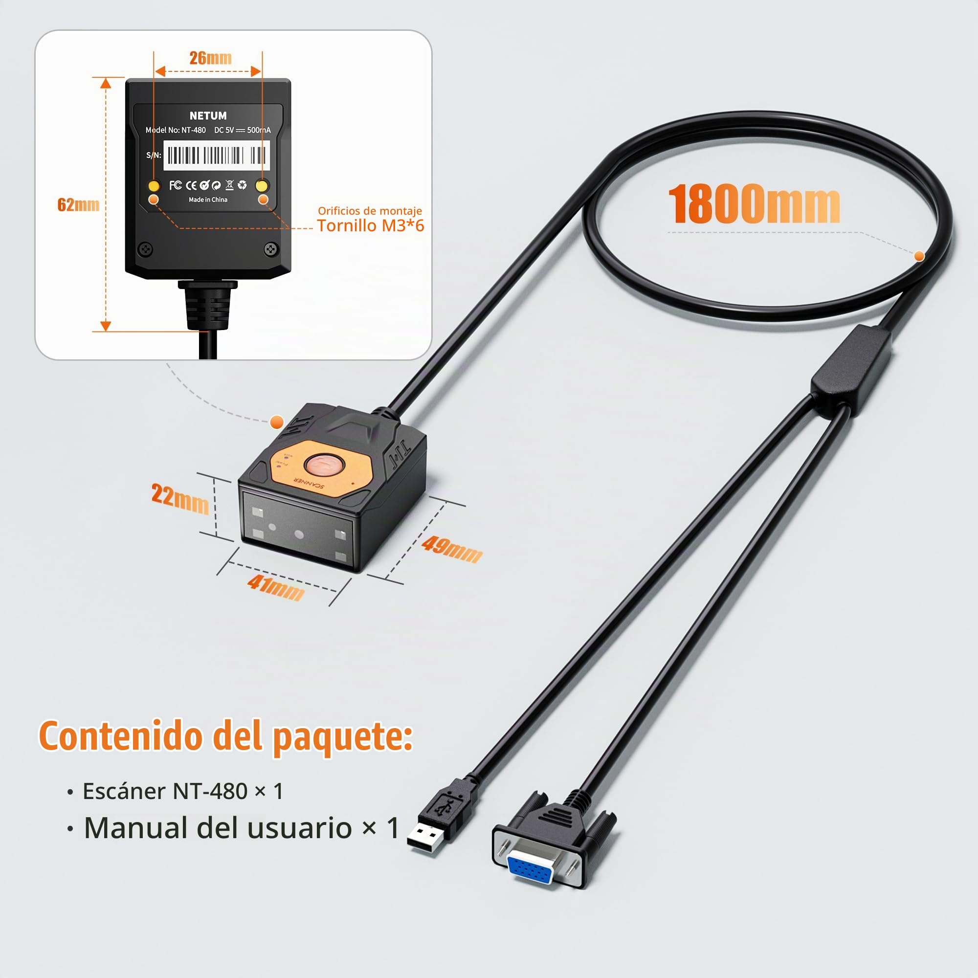NETUM NT-480(RS232) Lector de código de barras integrado, escáner 2D de montaje fijo para códigos QR y 1D, módulo de escaneo omnidireccional manos libres para automatización industrial, quiosco, OEM y