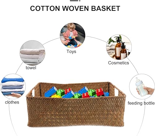 Miniatura 5 de Gatuida Cestas de mimbre con asas cesta de almacenamiento de algas marinas para el hogar cubos de mimbre rectangulares para organizar armarios