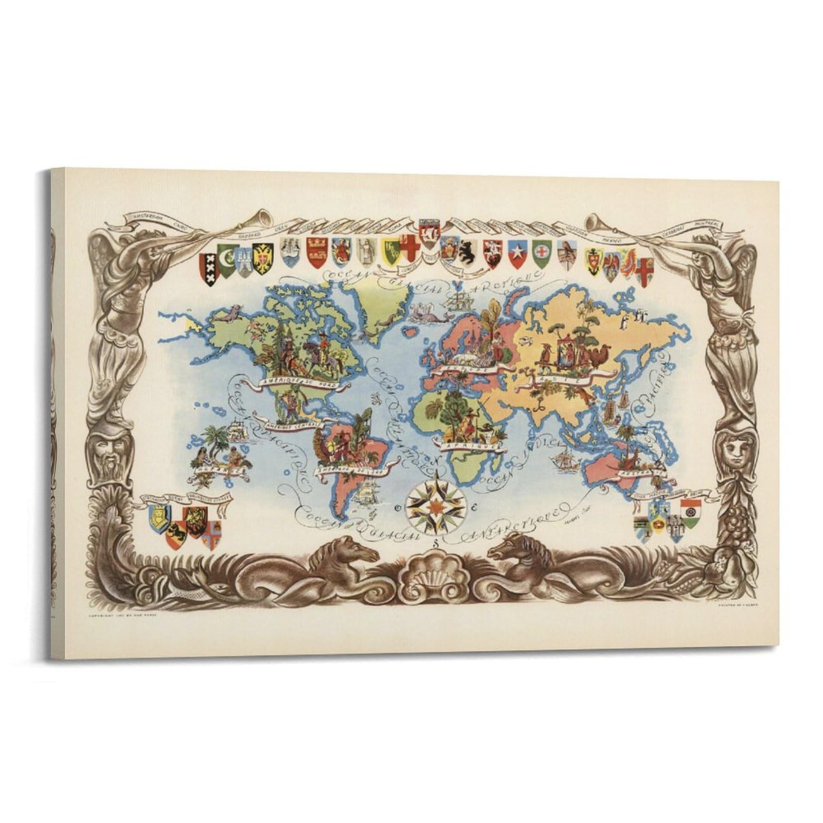 OKAHYS Vintage Travel Poster 1951 Map of World Decorative Painting Canvas Wall Artworks Picture 20x30inch(50x75cm)
