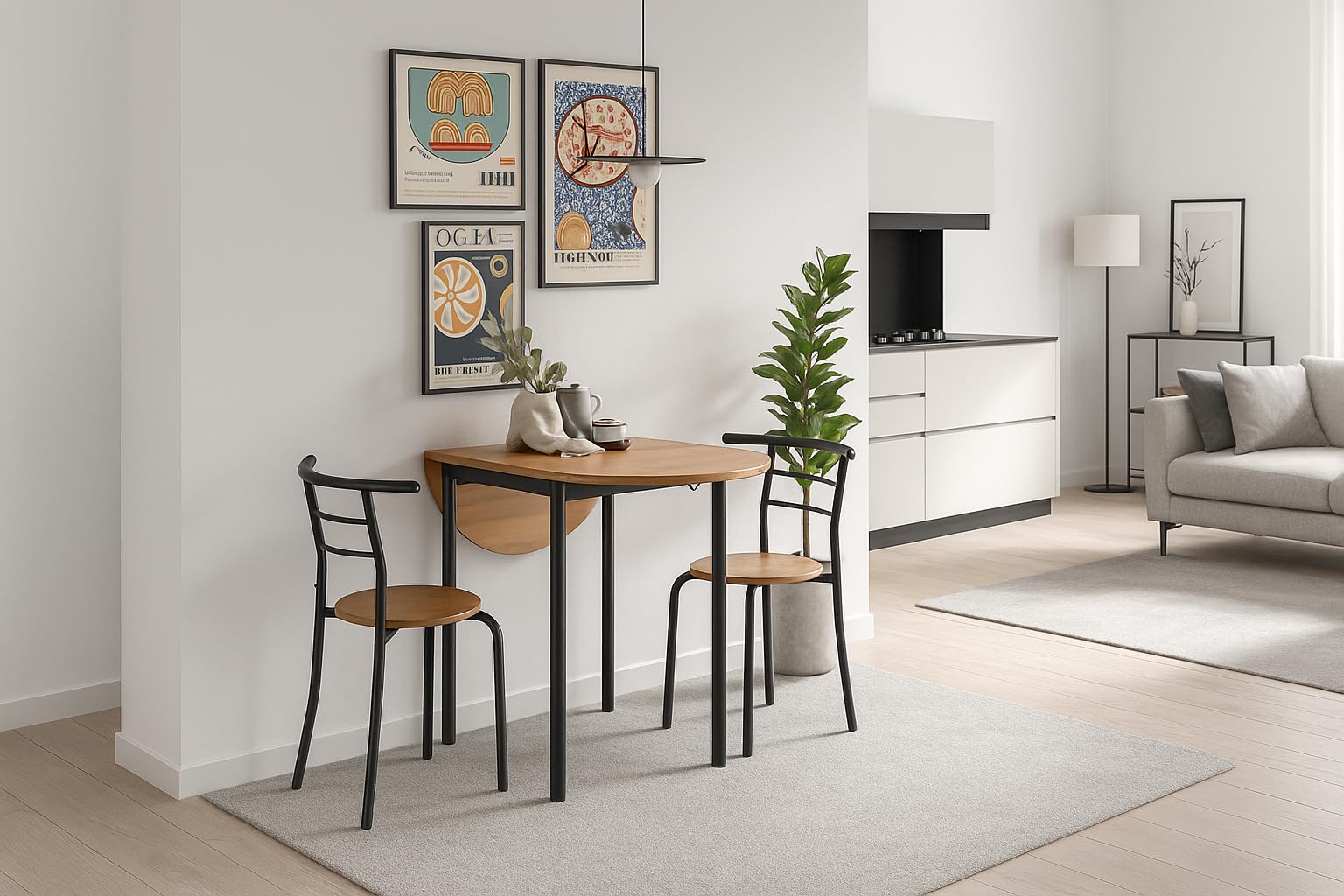 MOMMA HOME Ensemble Table de Cuisine Extensible avec 2 Chaises – Pliable et Compact, Idéal pour la Salle à Manger ou la Cuisine, Modèle Leva (Noir/Chêne)