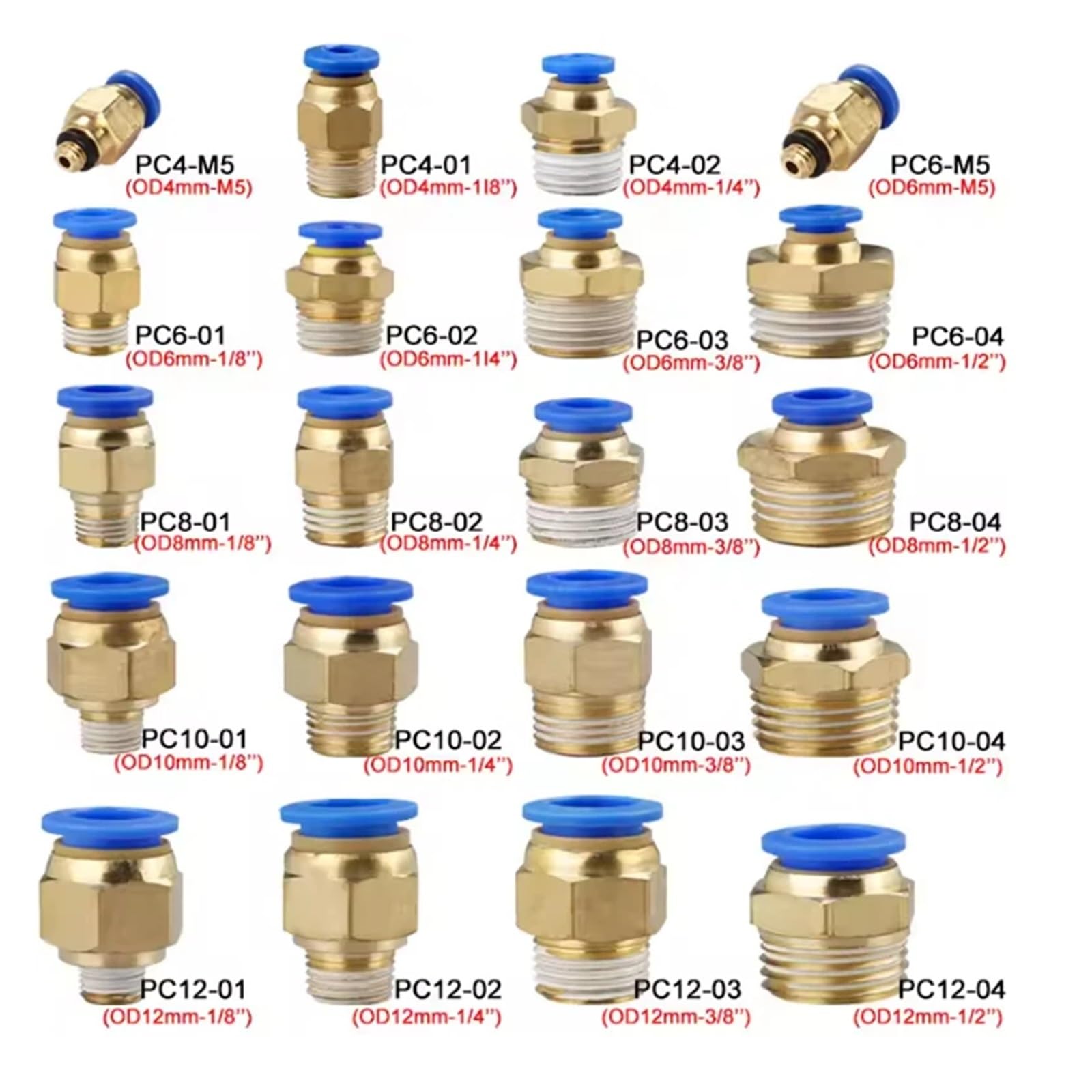 20 PZ Connettore Aria Pneumatica Raccordo PC 4/6/8/10/12mm Filettatura 1/8 "1/4" 3/8 "1/2" Raccordi for Tubi Flessibili Connettori Rapidi(20Pcs PC10-04)